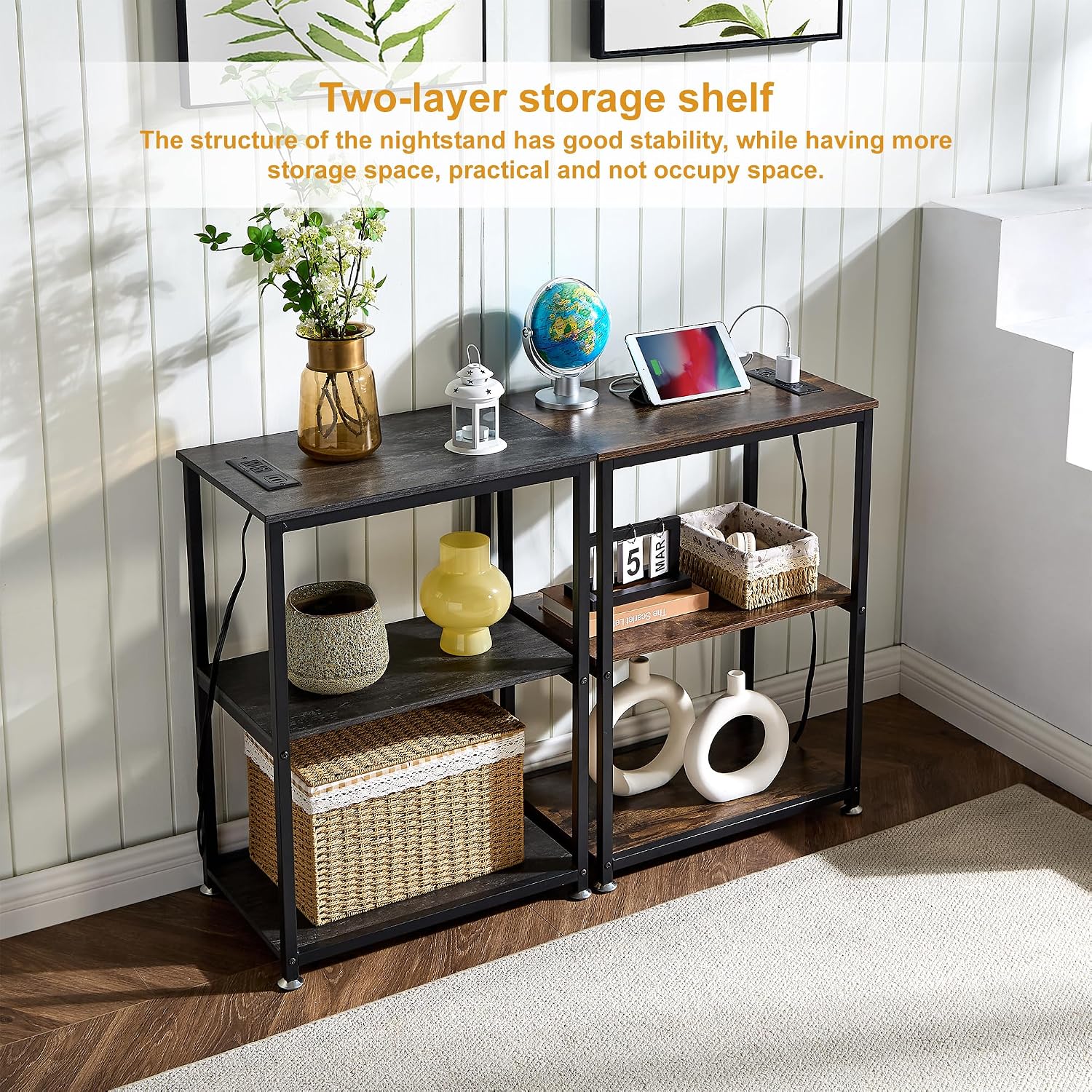 VECELO Tall End Table with Charging Station, Side Table with USB Ports and Outlets, 30' Height Nightstand with 3-Tier Storage Shelf for Living Room Bedroom Office Hallway Study