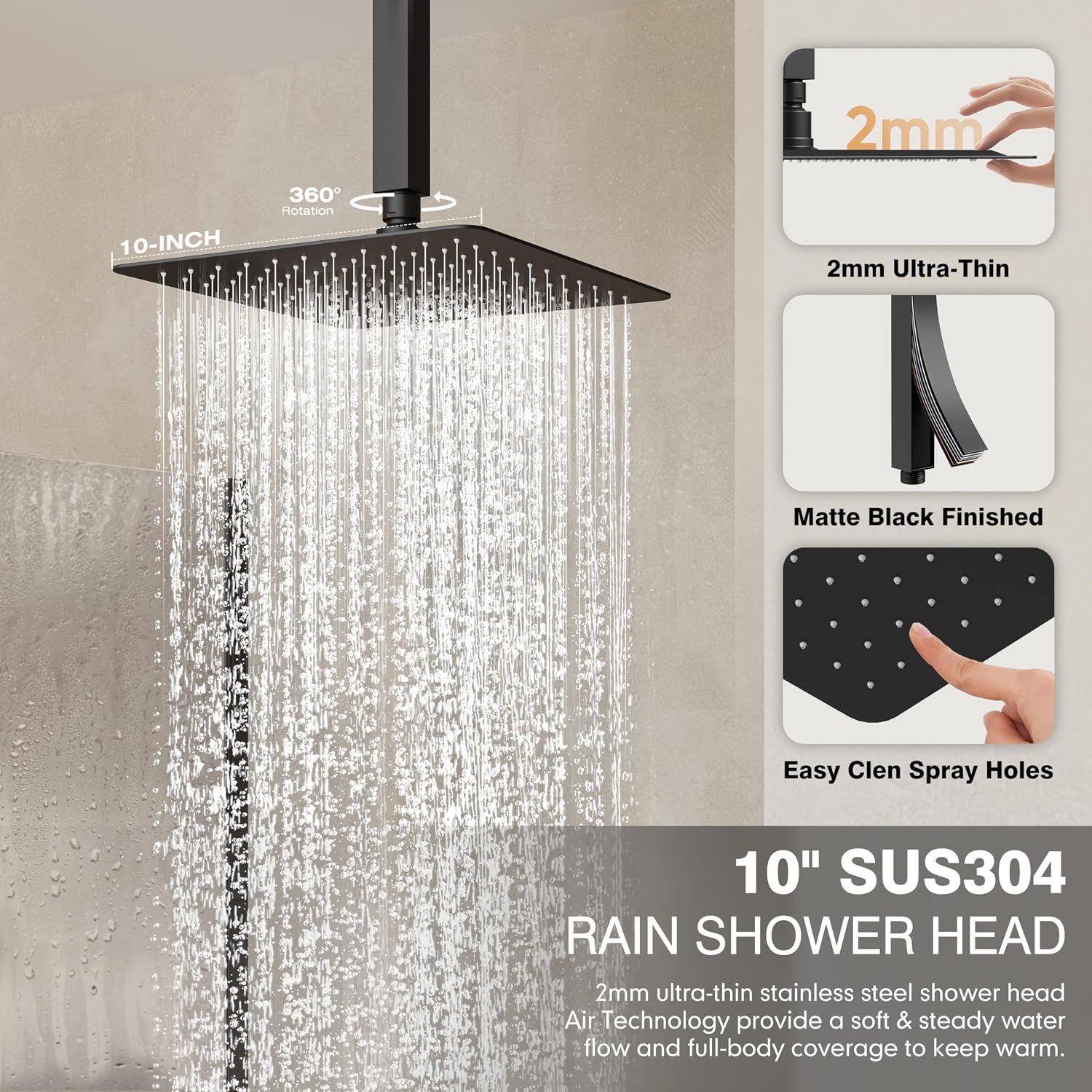 Black Shower System, Shower Faucet Set with 3 In 1 Push Button Valve, Shower Faucet included 10' Ceiling Shower Head and 8' Wall-Mount Shower Head with Handheld Spray, Matte Black