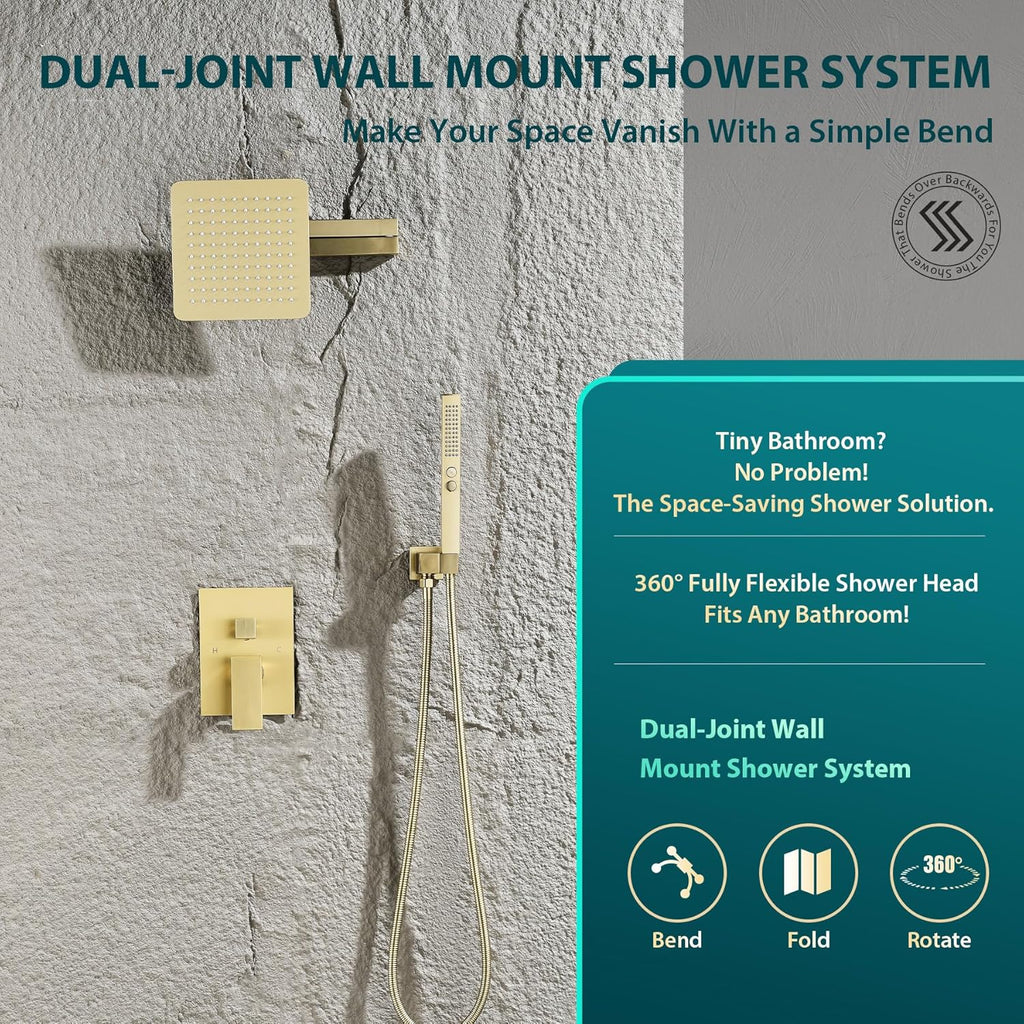 Brushed Gold Shower System with Rain Shower Heads with Handheld Spray Combo, Gold Shower Faucet Set with Rain Shower and Handheld, Gold Shower Head and Handle Set(Shower Valve Kit Included)
