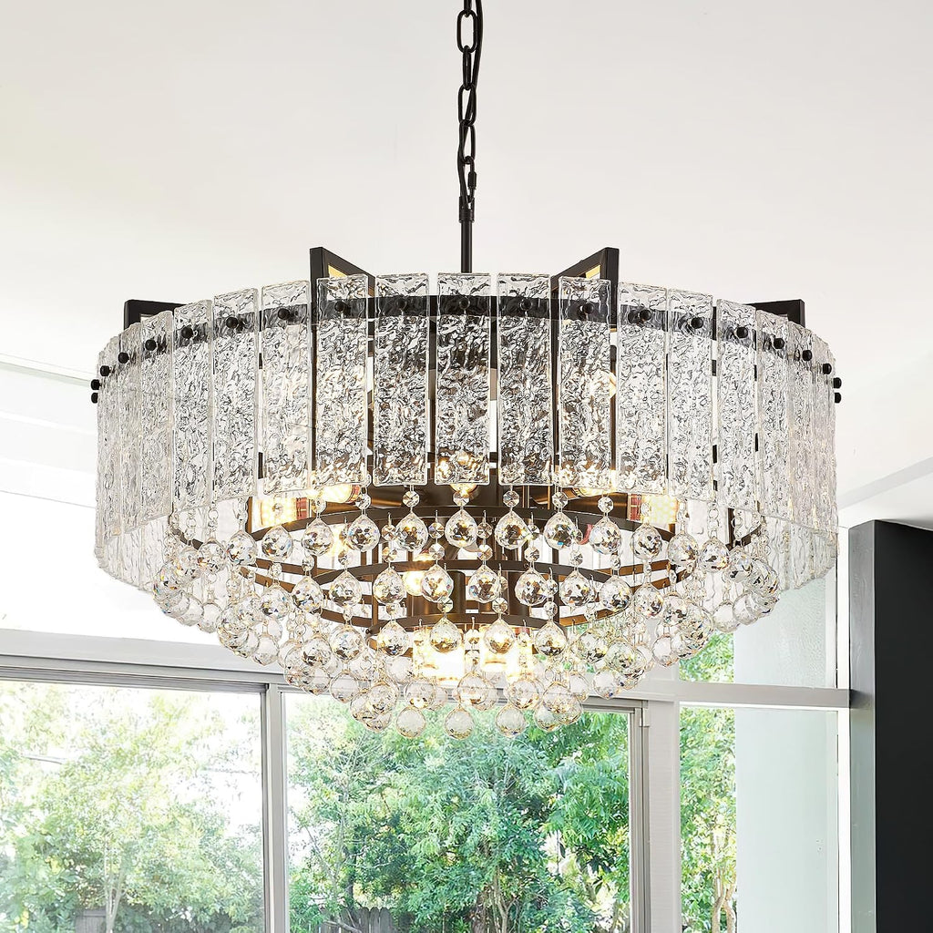 29.2' 16-Light Modern Glass Chandelier Light Fixtures Large Black 4-Tier Crystal Beads Chandeliers for Dining Room Round Hanging Ceiling Pendant Lighting for Bedroom Entryway Foyer Stairway