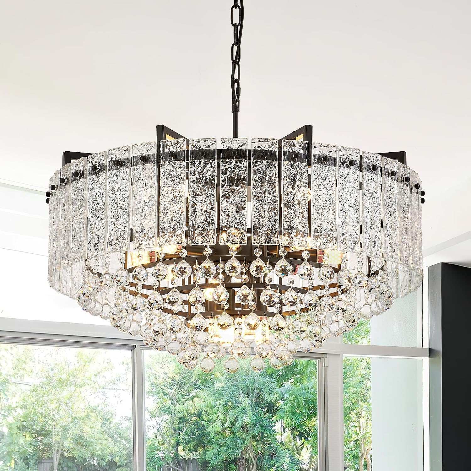 29.2' 16-Light Modern Glass Chandelier Light Fixtures Large Black 4-Tier Crystal Beads Chandeliers for Dining Room Round Hanging Ceiling Pendant Lighting for Bedroom Entryway Foyer Stairway