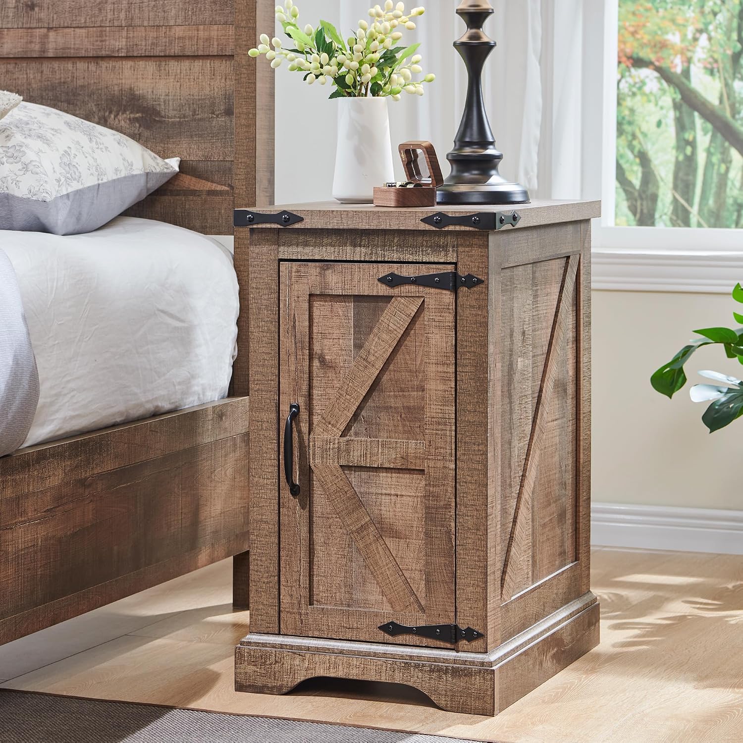 JXQTLINGMU Nightstand with Charging Station, Rectangular Farmhouse End Table with Barn Door and Adjustable Storage Shelf, 17' Deep Wood Rustic Sofa Side Table for Living Room, Bedroom, Light Brown