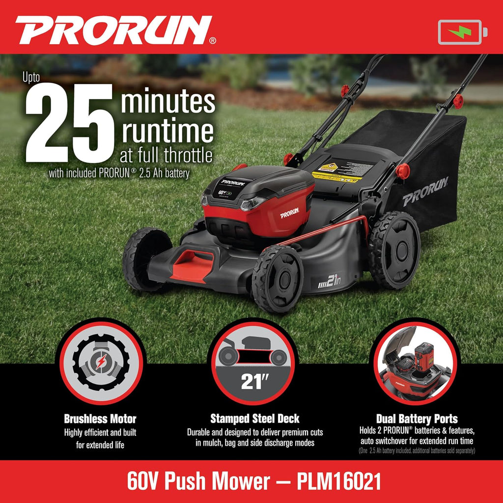 PRORUN 60V 21-in. Steel Deck Cordless Push Lawn Mower with 2.5 Ah Battery and Charger