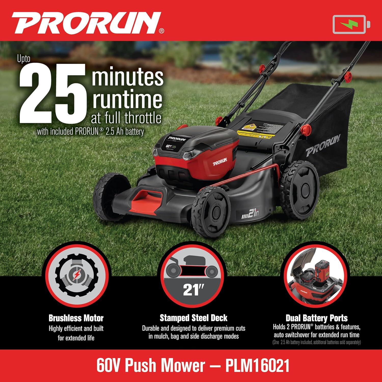 PRORUN 60V 21-in. Steel Deck Cordless Push Lawn Mower with 2.5 Ah Battery and Charger