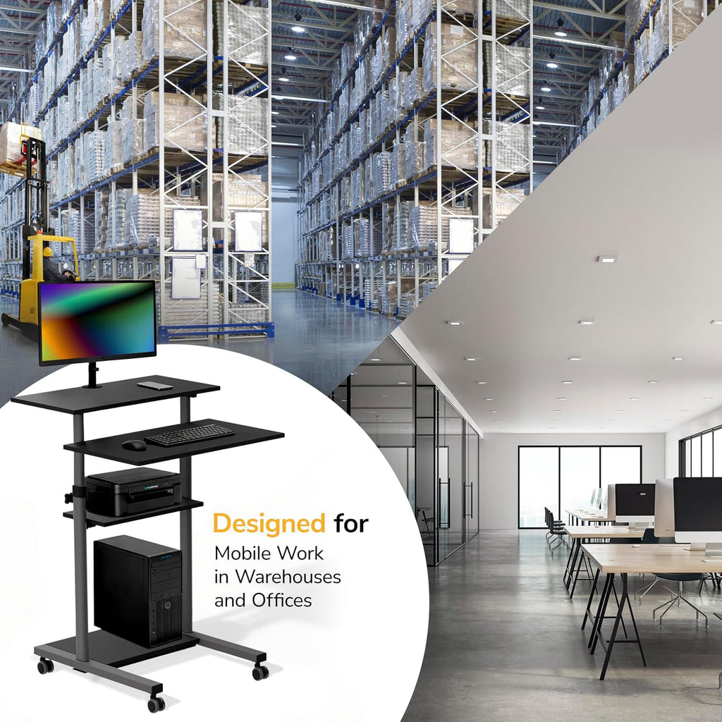 Mount-It! Rolling Desk Adjustable Height up to 54.7', Portable Standing Desk for Laptop or Podium Stand with Wheels, Mobile Roller Presentation Cart, Computer Work Station 27.5' Wide, Locking Wheels