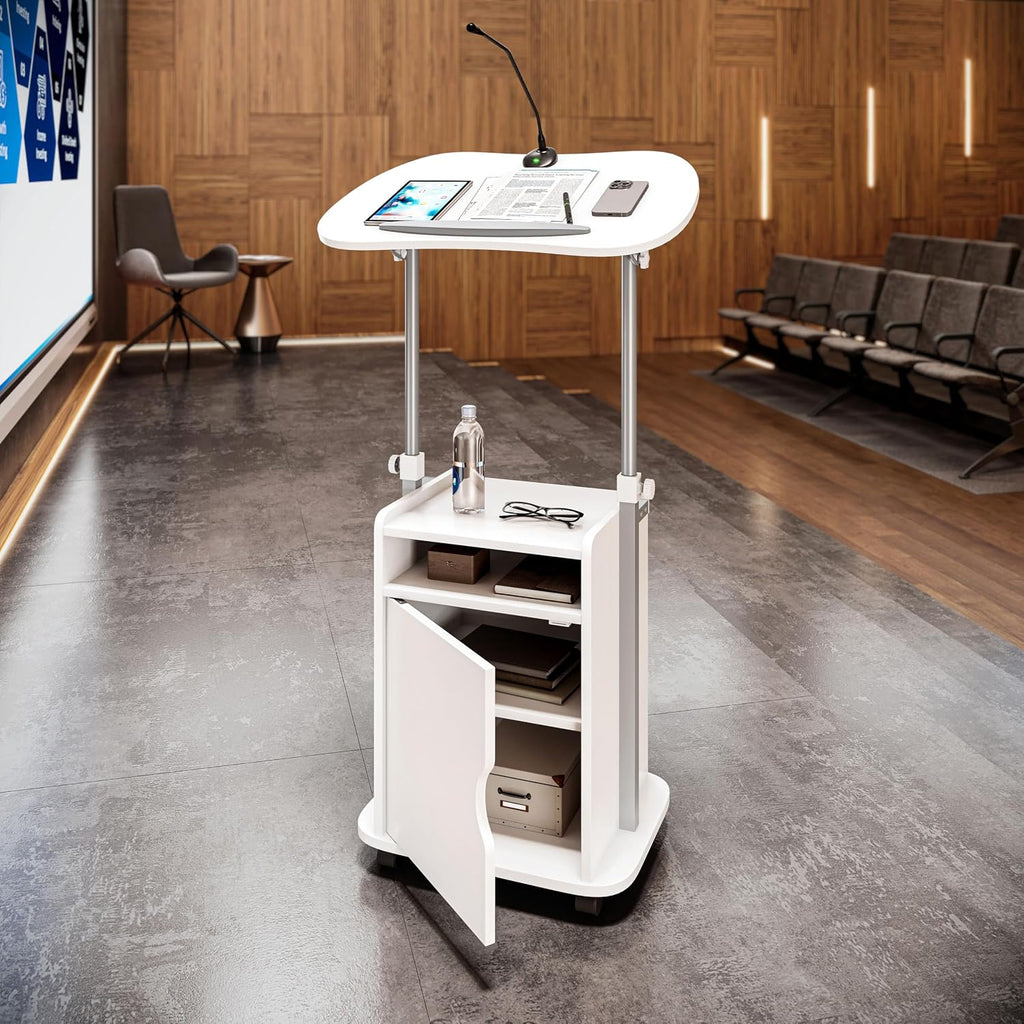 Techni Mobili Adjustable Laptop Cart with Storage, Rolling Mobile Workstation Desk with Cabinet, Shelf & Locking Wheels. Height Adjustable Sit to Stand for Home Office, Bedside, or Classroom (White)