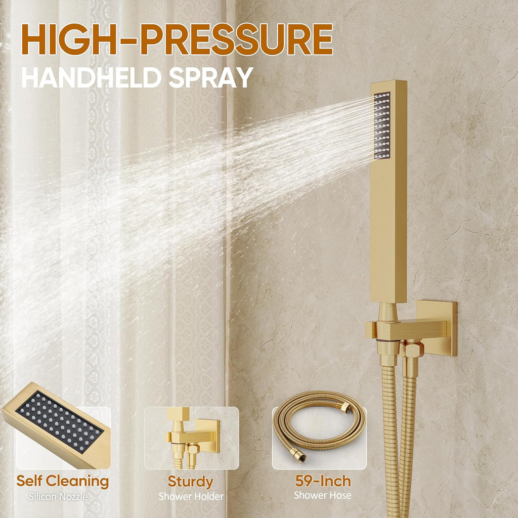 Gold Tub Shower System, All Metal Tub Shower Faucet Set with 12' Rain Shower Head and Handheld Spray combo, Wall Mounted Shower Systems with Tub Spout, Valve and Trim Kit, Brushed Gold