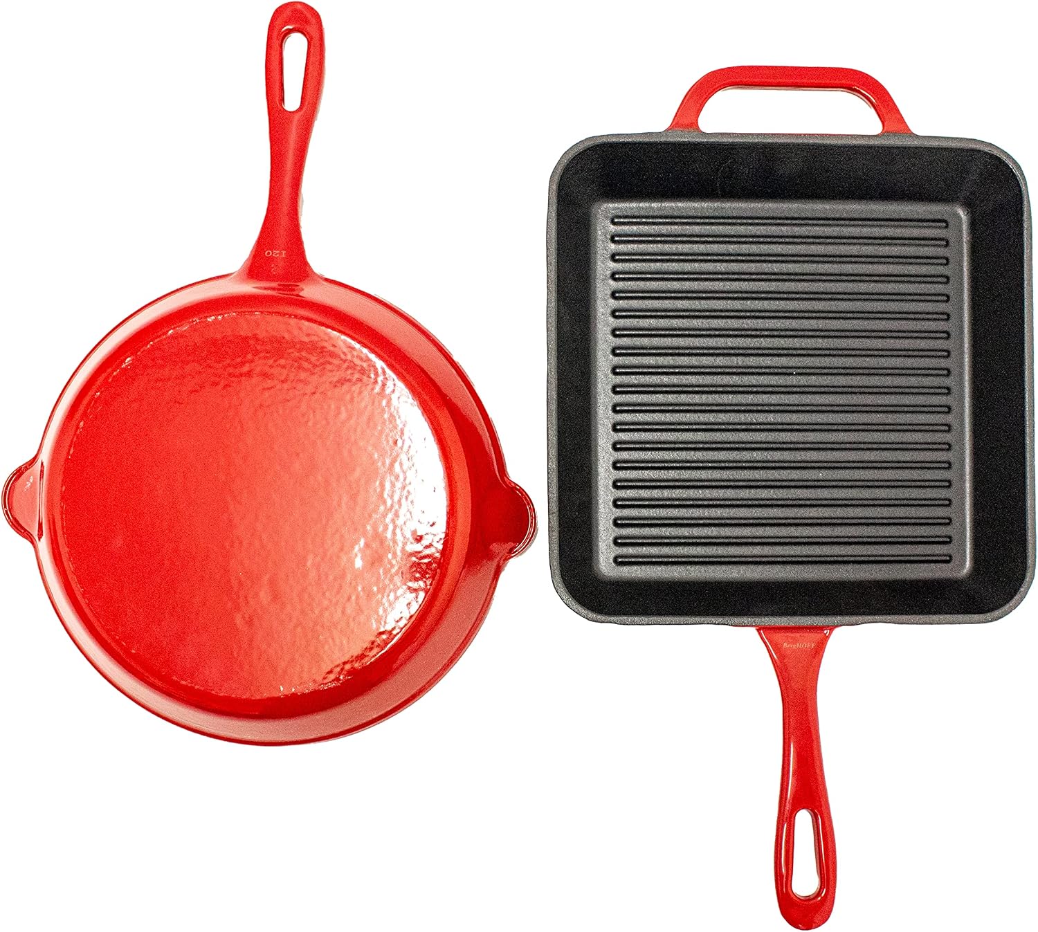 BergHOFF 2Pc Enameled Cast Iron 10' Fry Pan, 10' Grill Pan Set, Induction Cooktop Ready, Oven Safe Up to 400°F, Red