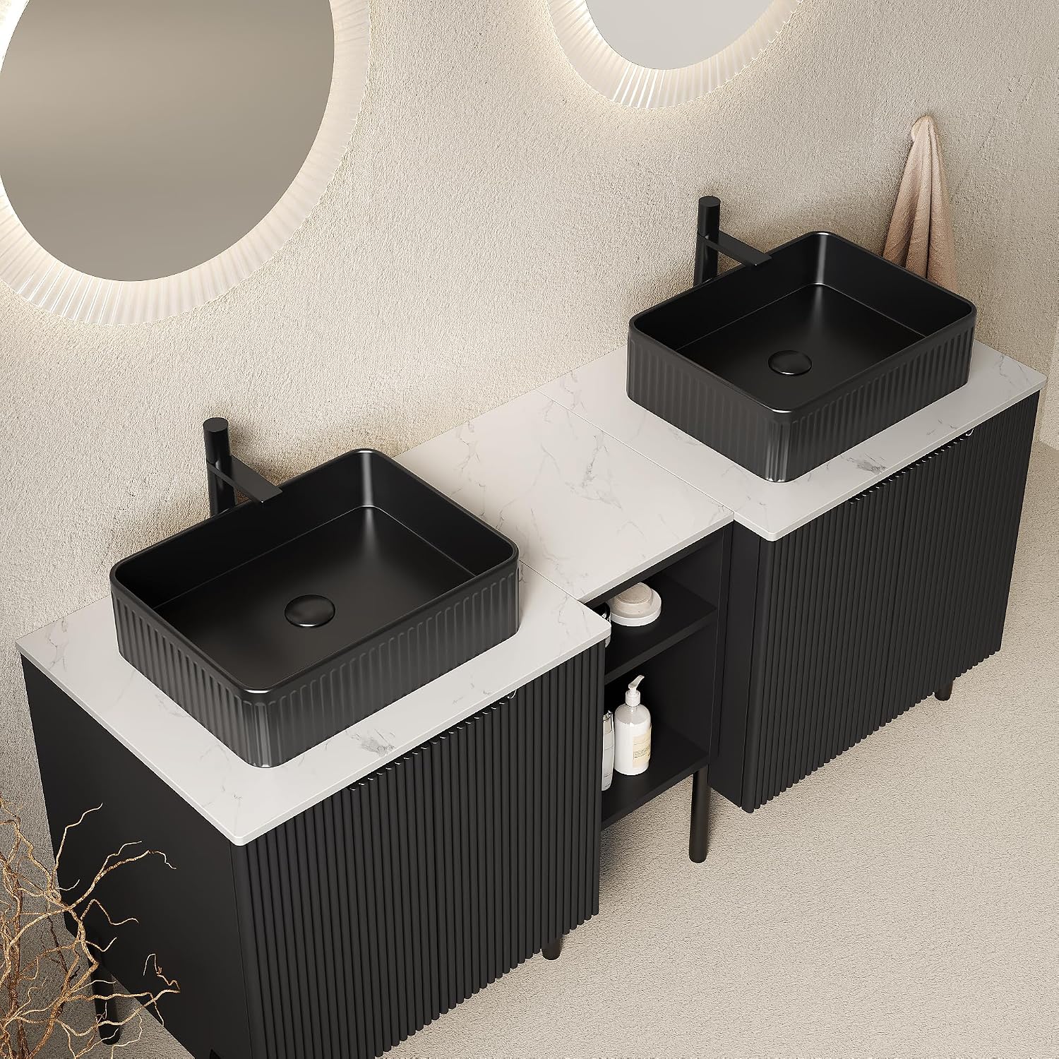 60' Bathroom Vanity with Sink, Modern Bathroom Vanities with 4 Soft-Closing Doors, Freestanding Bathroom Cabinet with Ceramic Basin and Carrara White Sintered Stone Counter Top-Colmar, Black