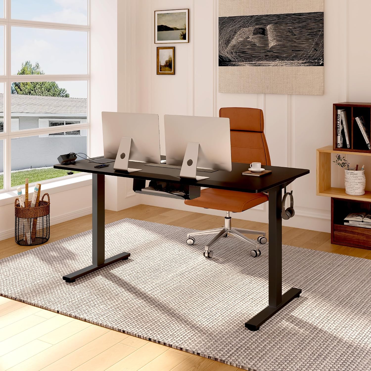 FLEXISPOT EN2 Whole-Piece Standing Desk with Clamp Power Strip, 48x24'' Electric Stand Up Height Adjustable Desk with Cable Management (Black Frame + 48' Black Table Top)