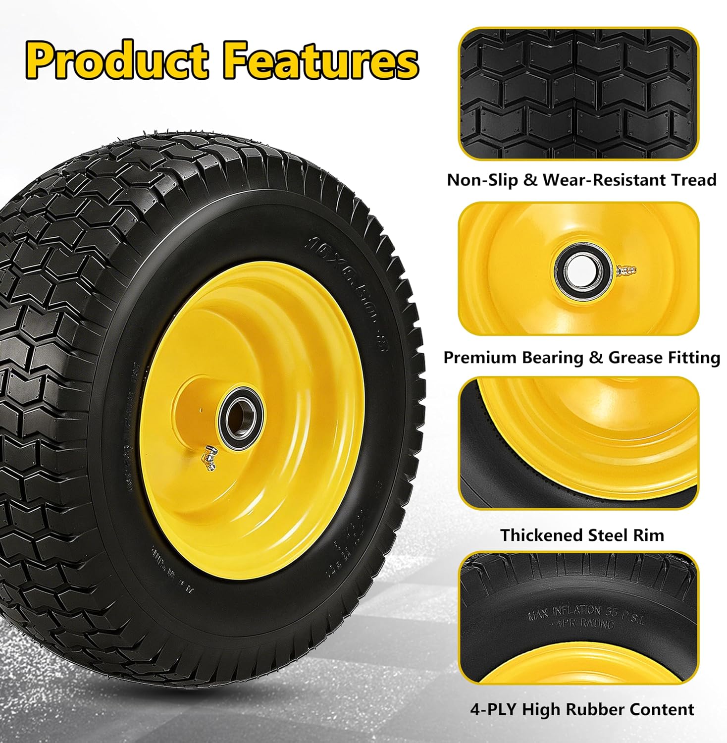 2 Pcs 16x6.50-8 Tubeless Lawn Mower Tire and Wheel, 16x6.5-8 Replacement Front Tires for Riding Mowers and Garden Tractors, with 1' Bearings & Extra 3/4' Bearings, 3' Offset Hub, 4 Ply, Yellow Rim