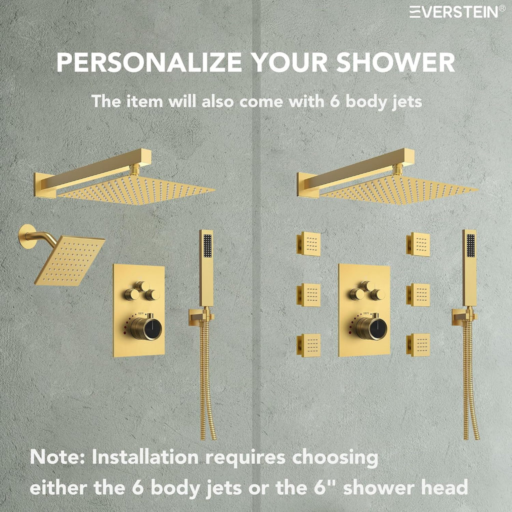 Wall Mount 12' High-Pressure Rainfall Shower Faucet, Dual Rainfall Shower Head System with Valve (Brushed Gold)