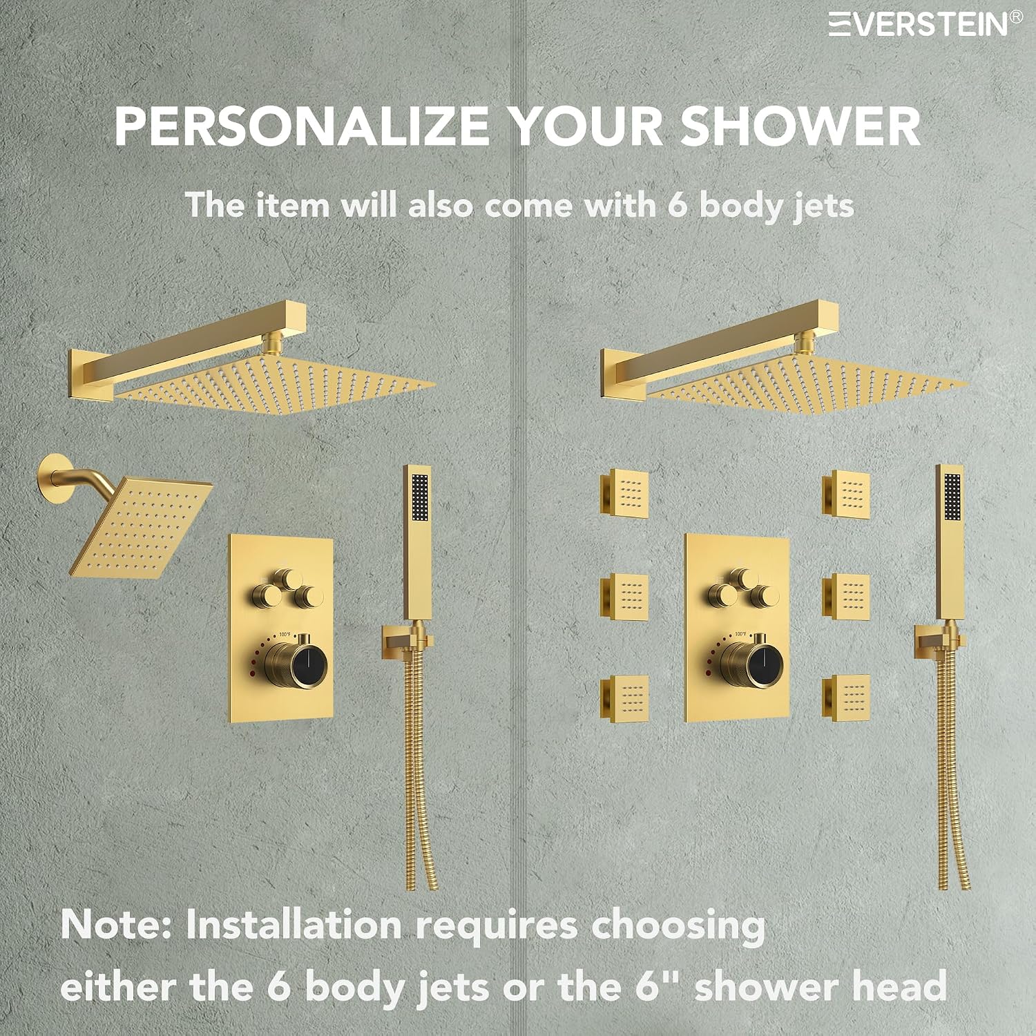 Wall Mount 12' High-Pressure Rainfall Shower Faucet, Dual Rainfall Shower Head System with Valve (Brushed Gold)