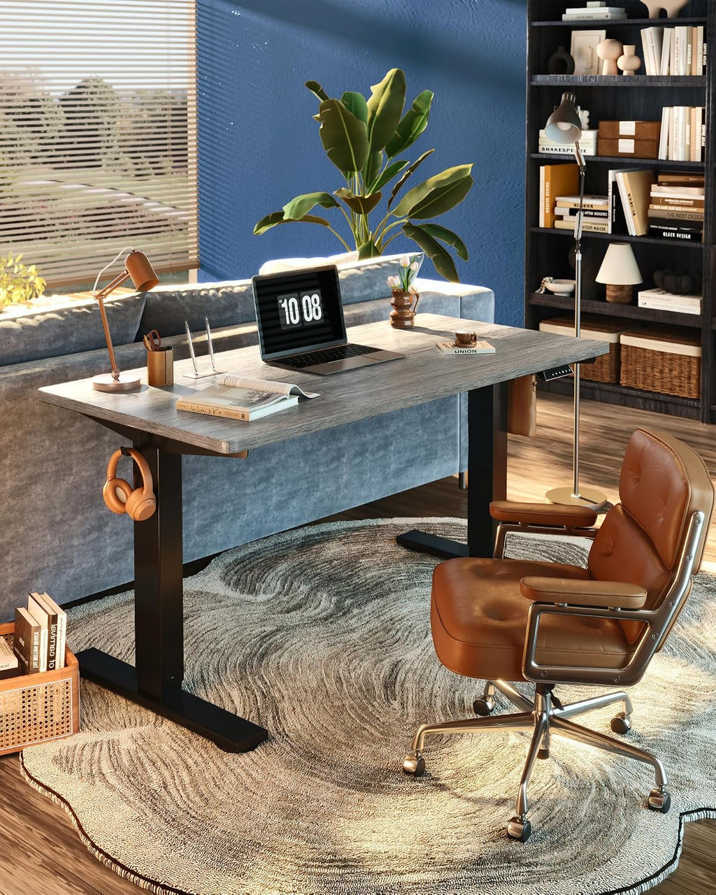 FLEXISPOT EN1 One-Piece Standing Desk, Electric Adjustable with 4 Memory Presets, 176 LBS Capacity, Stable & Quiet, Seamless Desktop for Home Office & Dual Monitors, 55'x28' Gray Wood