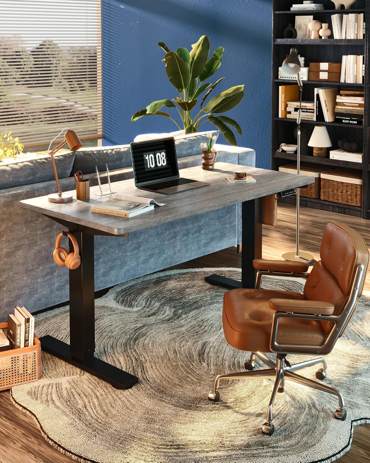 FLEXISPOT EN1 One-Piece Standing Desk, Electric Adjustable with 4 Memory Presets, 176 LBS Capacity, Stable & Quiet, Seamless Desktop for Home Office & Dual Monitors, 55'x28' Gray Wood