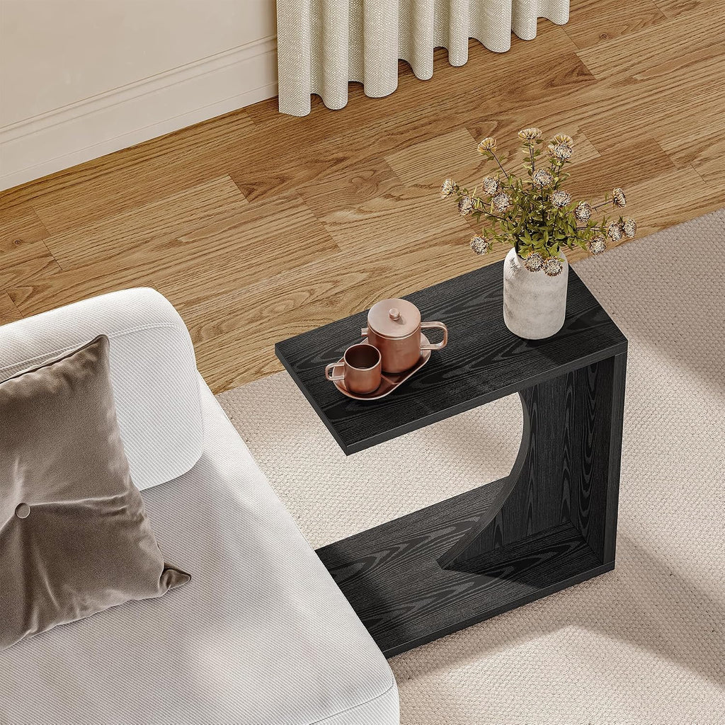 LITTLE TREE C-Shape End Table for Sofa & Bedroom - Small Side Table for Living Room, Over Couch Tray Stand for Laptop, Snacks, Books, Black, 2 Pack