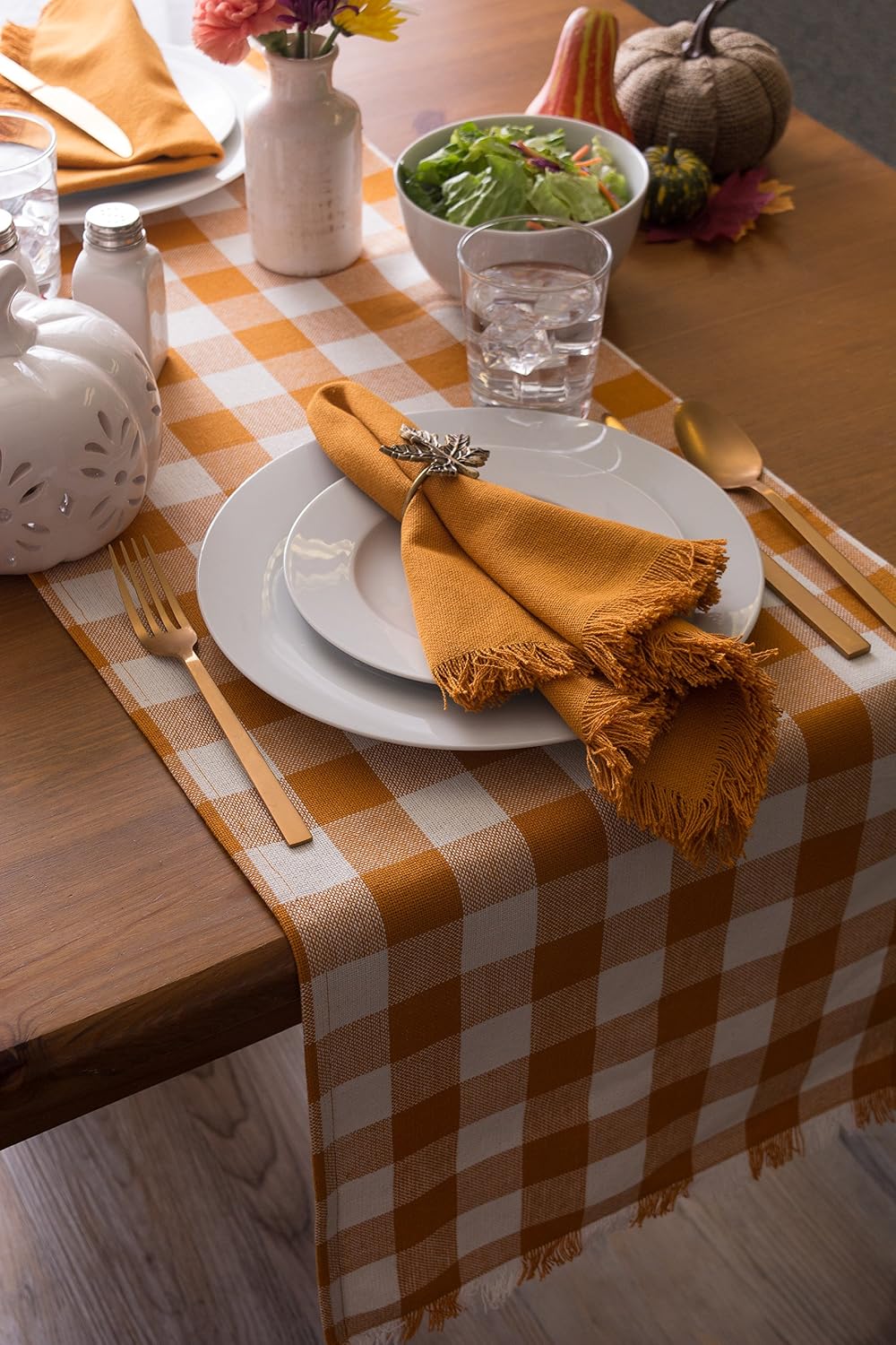 DII Heavyweight Fringed Check Tabletop Collection, Table Runner, 14x108, Pumpkin Spice (Pack of 12)
