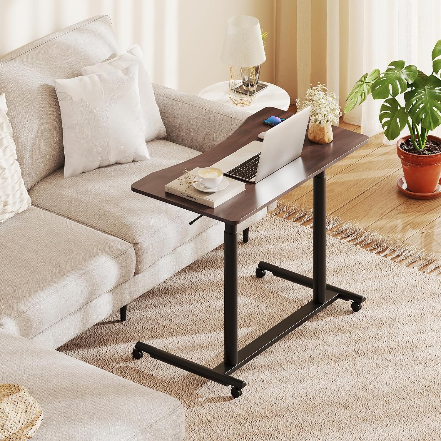 Tangkula Mobile Standing Desk, C-Shaped Sit Stand Desk with Adjustable Height, Lockable Wheels & Metal Frame, Rolling Laptop Desk, Portable Computer Workstation for Small Space
