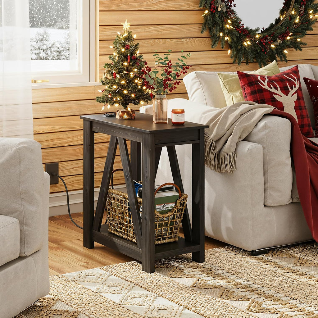 WLIVE End Tables Living Room Set of 2 with Charging Station, Sofa Side Tables with Open Storage Shelf, Slim Farmhouse End Table Sets, Charcoal Black