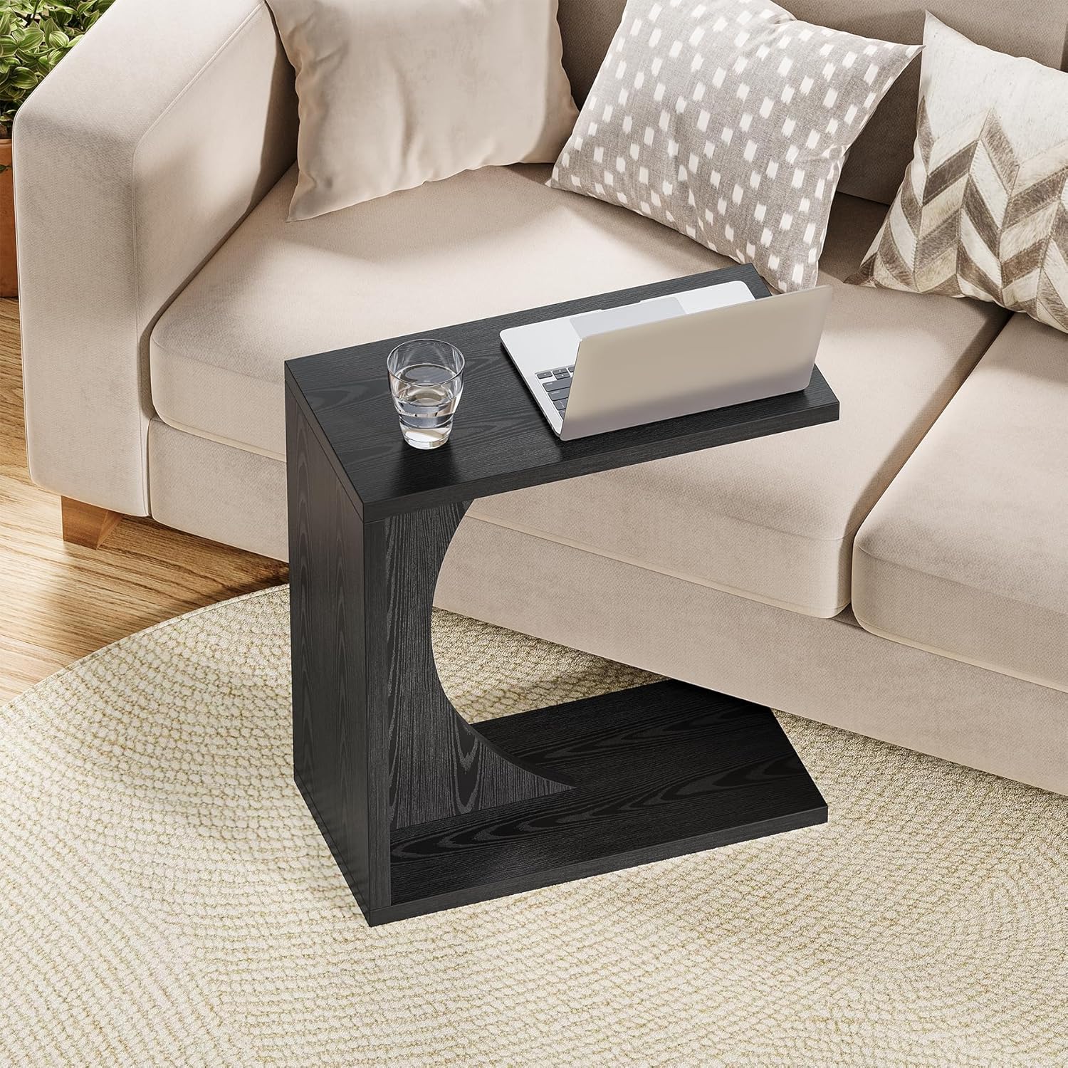 LITTLE TREE C-Shape End Table for Sofa & Bedroom - Small Side Table for Living Room, Over Couch Tray Stand for Laptop, Snacks, Books, Black, 2 Pack