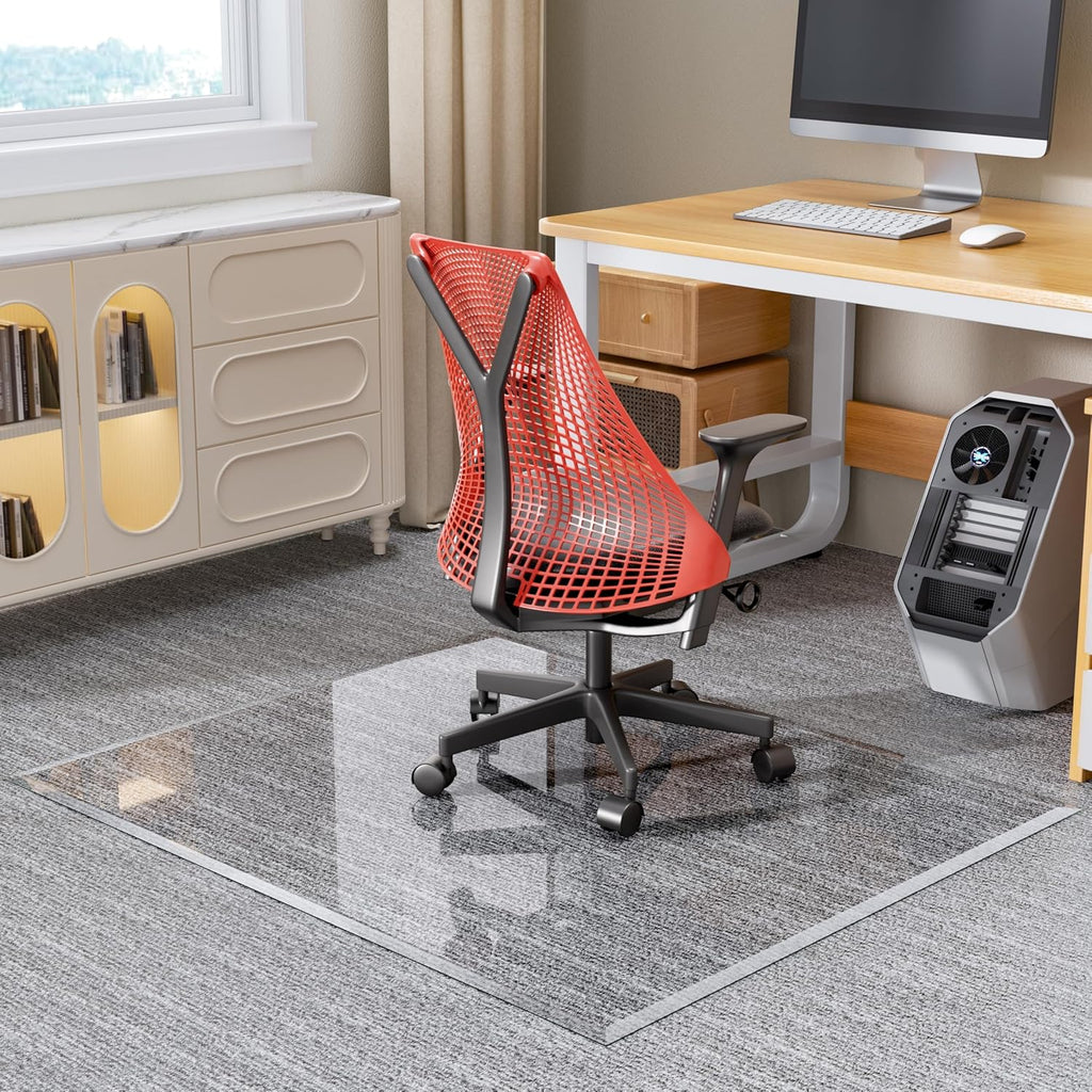 55'x46' Beveled Edge Tempered Glass Chair Mat, 5MM Thick, 1000Lbs Weight Capacity, Clear Ultra-Smooth, Suitable for Hardwood Floors & Carpet, Anti-Scratch Anti-Yellow, Home Office Use
