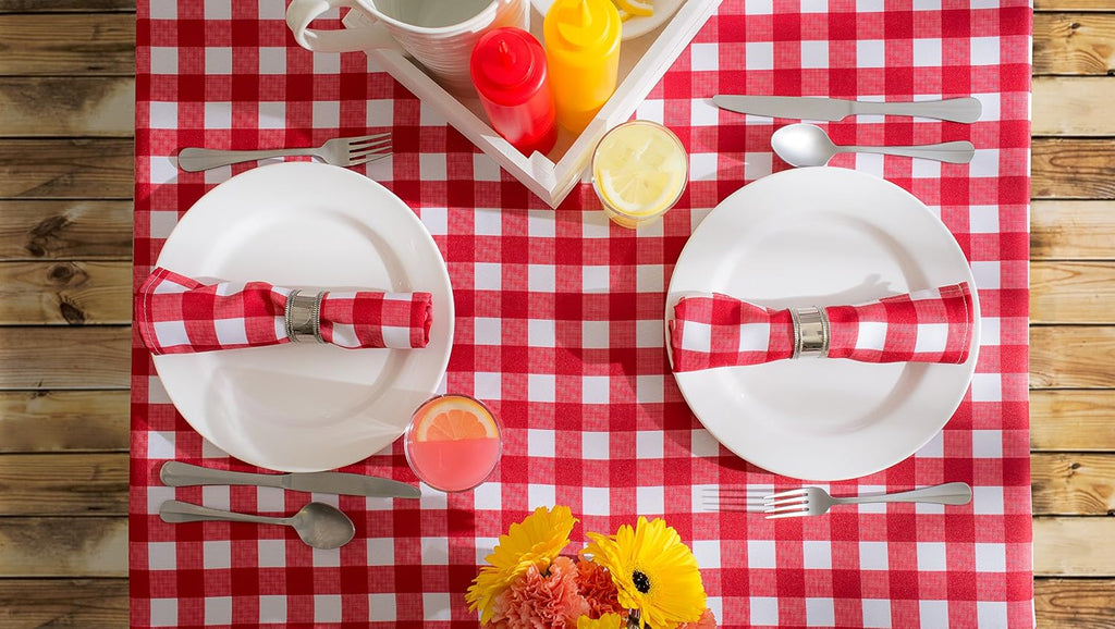 DII Checkered Tabletop Collection 100% Cotton, Machine Washable, Tablecloth, 70' Round, Red (Pack of 12)