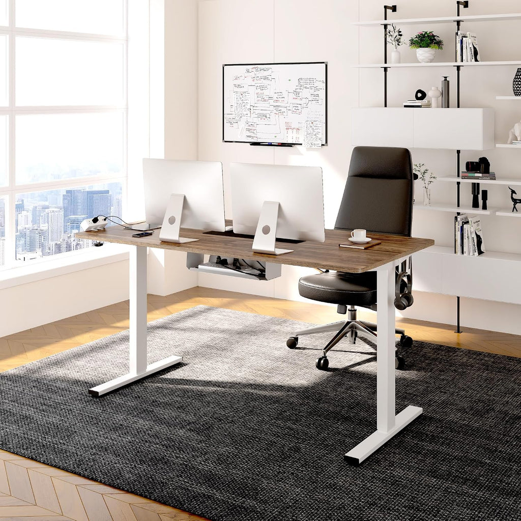 FLEXISPOT EN2 Whole-Piece Standing Desk with Clamp Power Strip, 48 x 30 Electric Stand Up Height Adjustable Desk with Cable Management (White Frame + 48' Black Walnut Desktop, 2 Packages)
