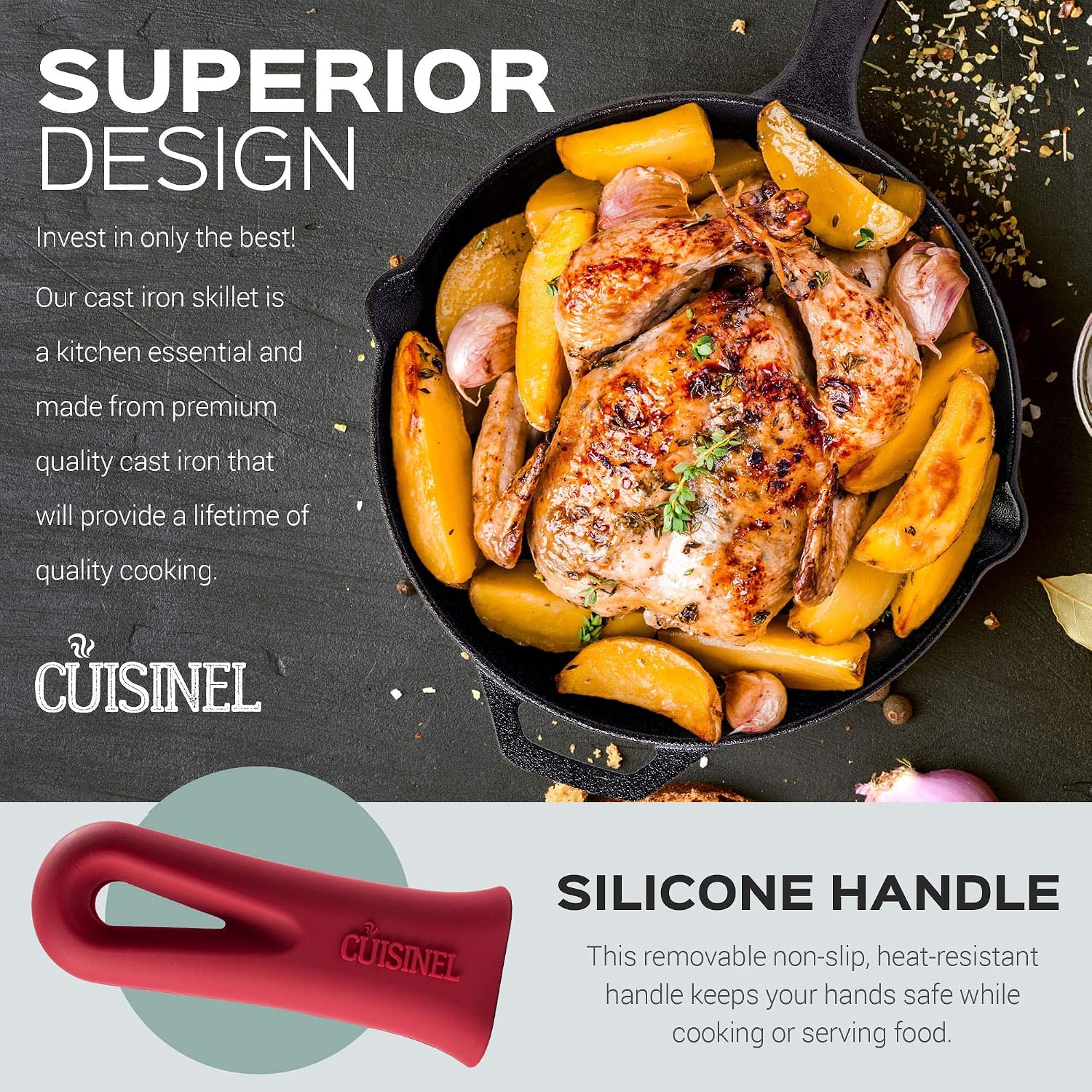 Cuisinel Pre-Seasoned Cast Iron Skillet 2-Piece Set (10-Inch and 12-Inch) Oven Safe Cookware- 2 Heat Resistant Holders