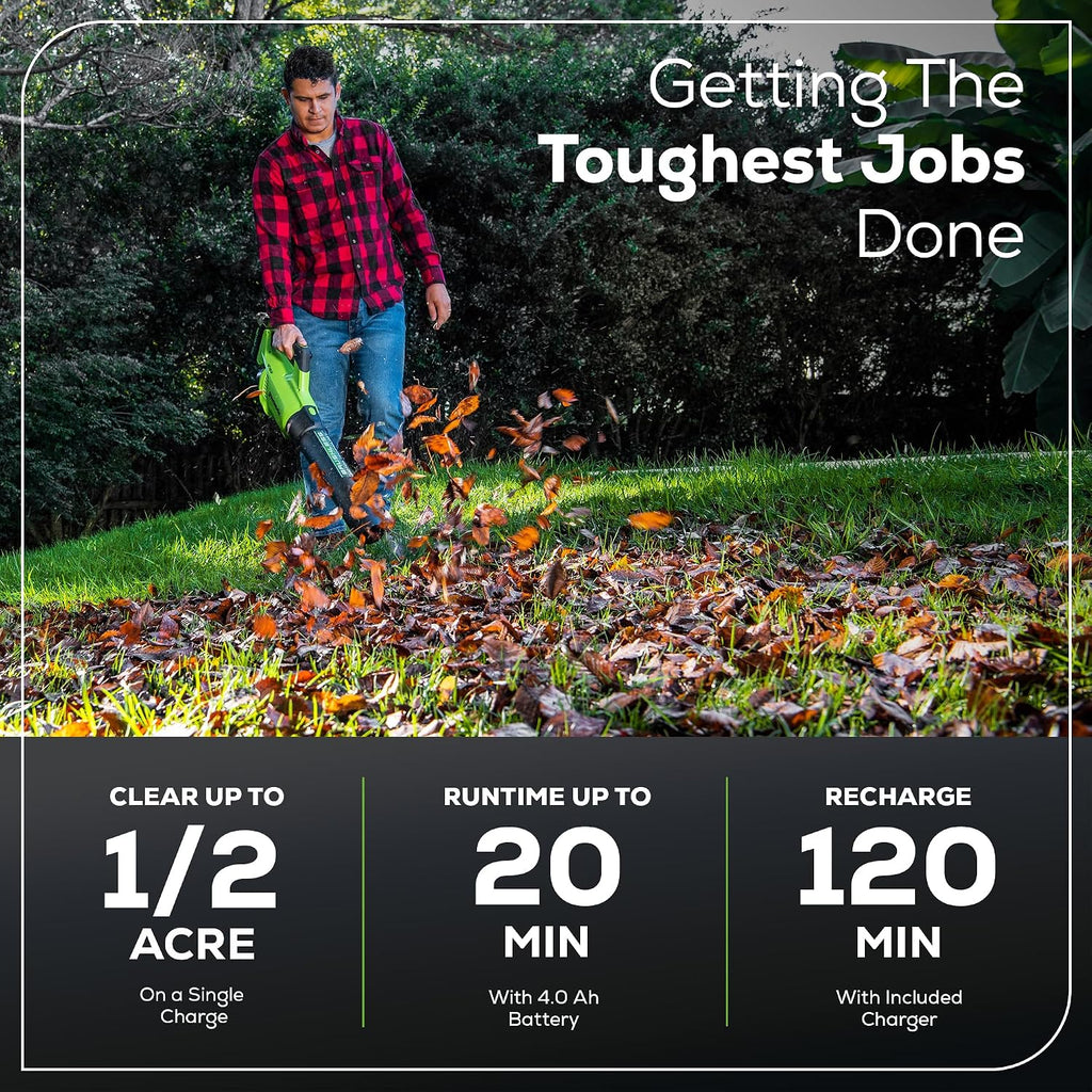 Greenworks 40V (130 MPH / 550 CFM ) Brushless Axial Leaf Blower, Ultra-Powerful for Wet Leaves, Heavy Debris, Gravel and Driveway Snow, Includes 4.0Ah Battery and Charger
