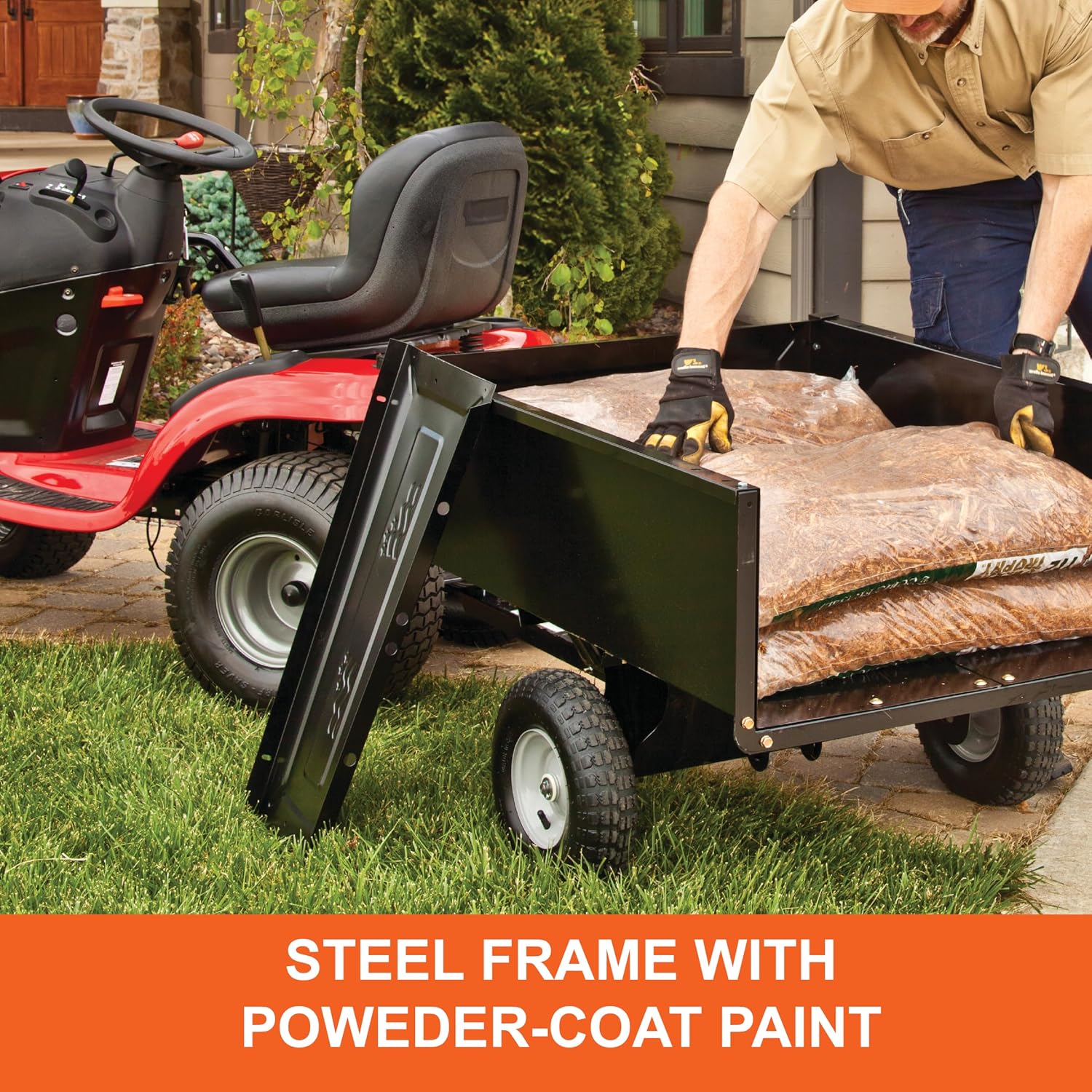Agri-Fab Inc 350-Pound Steel Tow Behind Dump Cart, 10-Cubic Feet Capacity – Removable Tail Gate, Garden Utility Trailer, Black, Made in the USA; Model # 45-0303