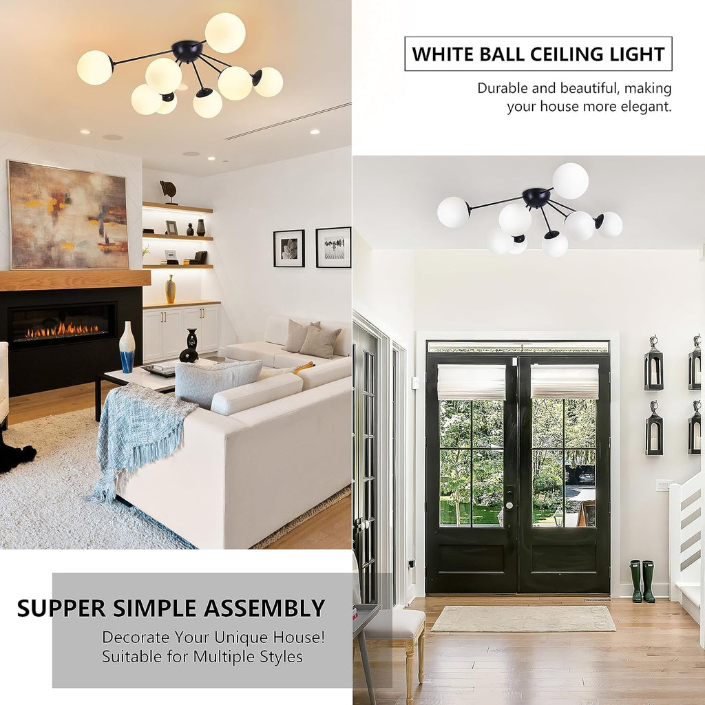 Bagood 8 Light Mid Century Modern Semi Flush Mount Ceiling Light Fixture Globe Ceiling Light Sputnik Chandelier with Milk Glass Shade Matte Black Finish for Bedroom Hallway Dining Room Living Room