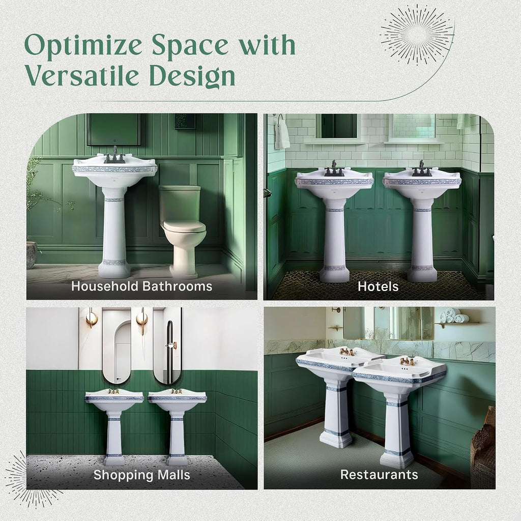 Renovators Supply Manufacturing India Reserve 23' W x 34.25' H x 18.5' Proj. Ornate Blue Gold Bathroom Pedestal Sink, Vitreous China, Compatible with 4 in. Centerset Faucets
