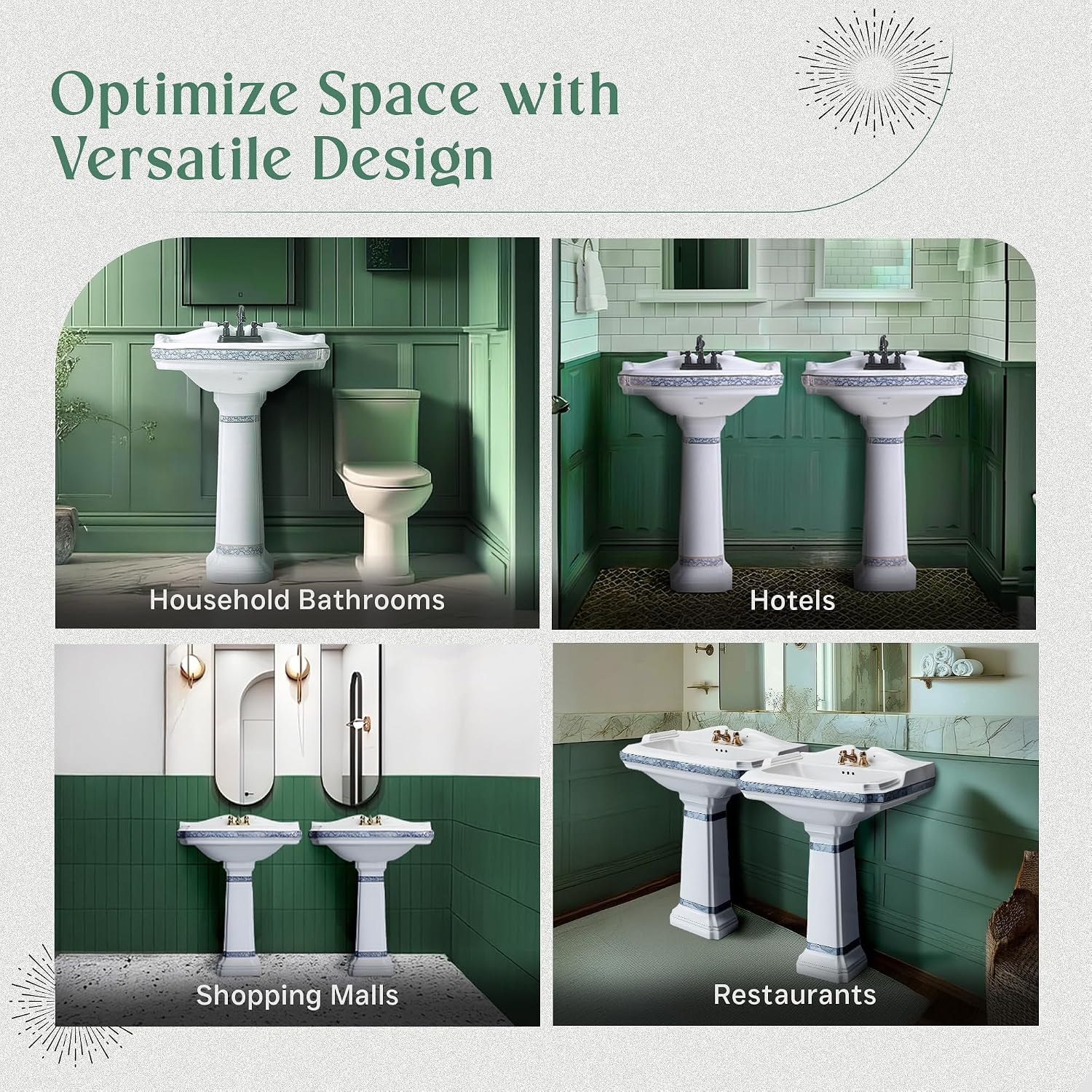 Renovators Supply Manufacturing India Reserve 23' W x 34.25' H x 18.5' Proj. Ornate Blue Gold Bathroom Pedestal Sink, Vitreous China, Compatible with 4 in. Centerset Faucets