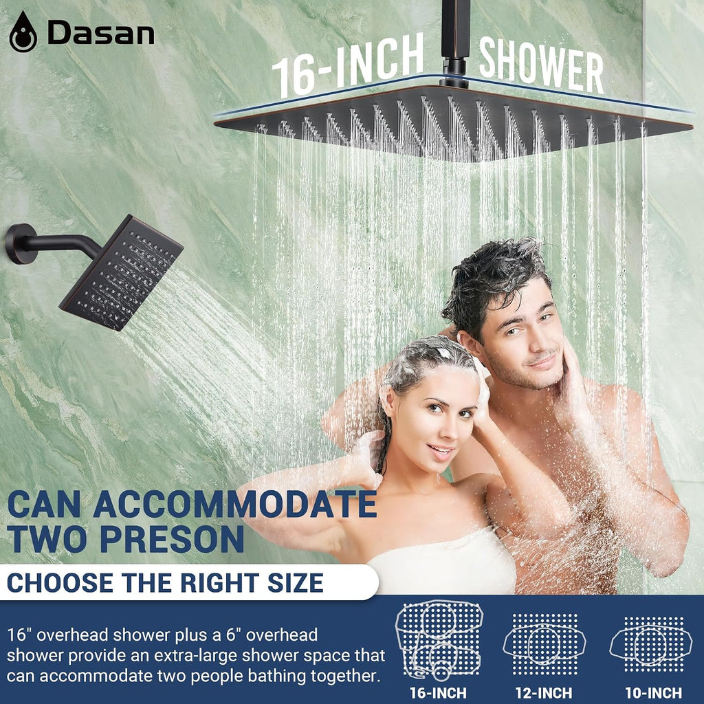 Dasan Thermostatic Dual Shower Head System with 6 Body Jets, 6-Inch Shower & 16' Rainfall Shower, Luxury Oil Rubbed Bronze Shower Faucet Set Tandem Rain Shower Head System for Couples/2-Person