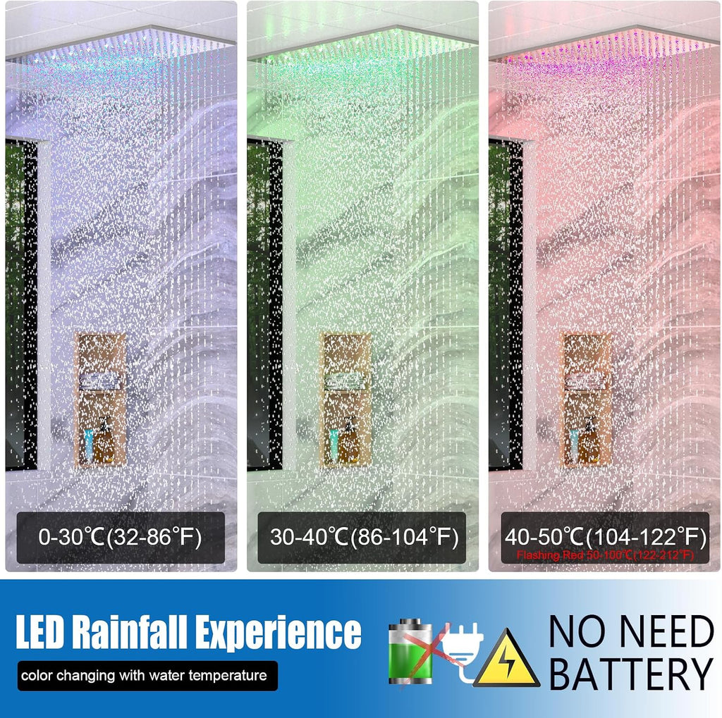 Luxury 15.7x31.5inch LED Rainfall Couples' Shower Multi Shower Head Thermostatic Shower System with Body Spray, Brushed Nickel