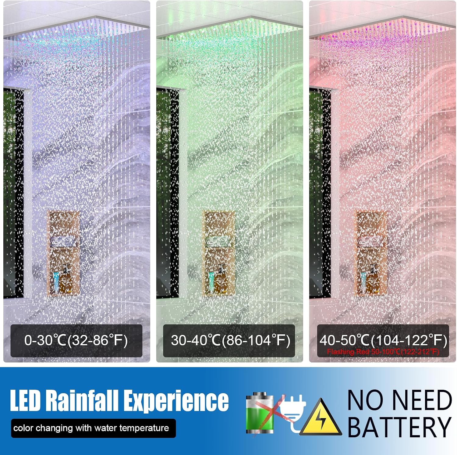 Luxury 15.7x31.5inch LED Rainfall Couples' Shower Multi Shower Head Thermostatic Shower System with Body Spray, Brushed Nickel
