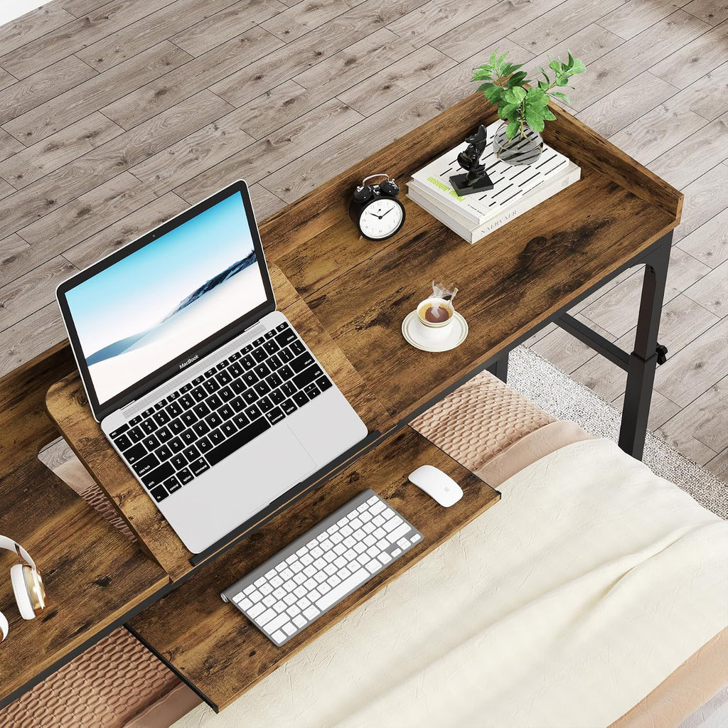 LITTLE TREE Overbed Table with Wheels Adjustable Height, Rolling Table with Outlets & USB Ports for Queen Bed, Giant Adjustable Over the Bed Desk with Tilt Stand, Brown