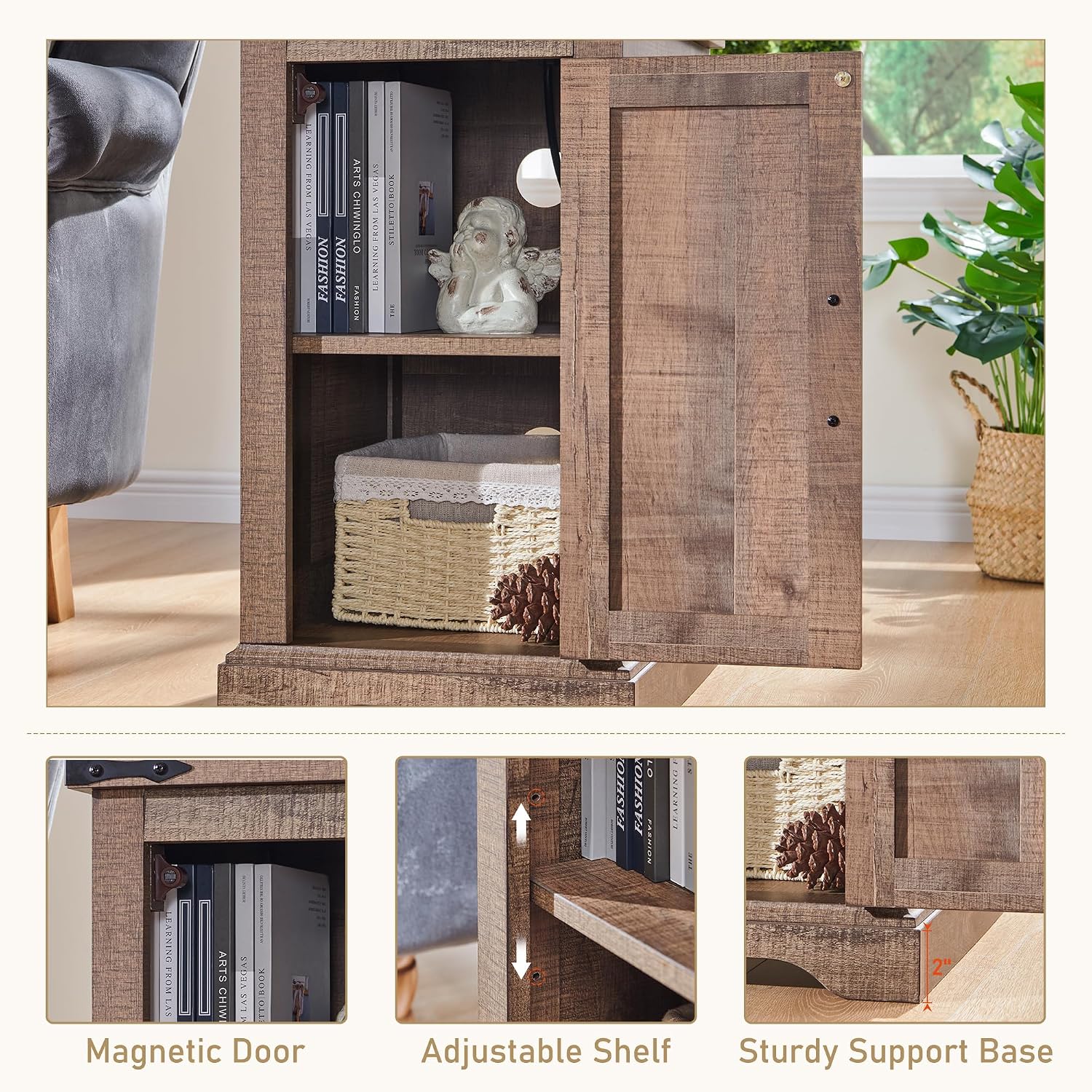 JXQTLINGMU Nightstand with Charging Station, Rectangular Farmhouse End Table with Barn Door and Adjustable Storage Shelf, 17' Deep Wood Rustic Sofa Side Table for Living Room, Bedroom, Light Brown