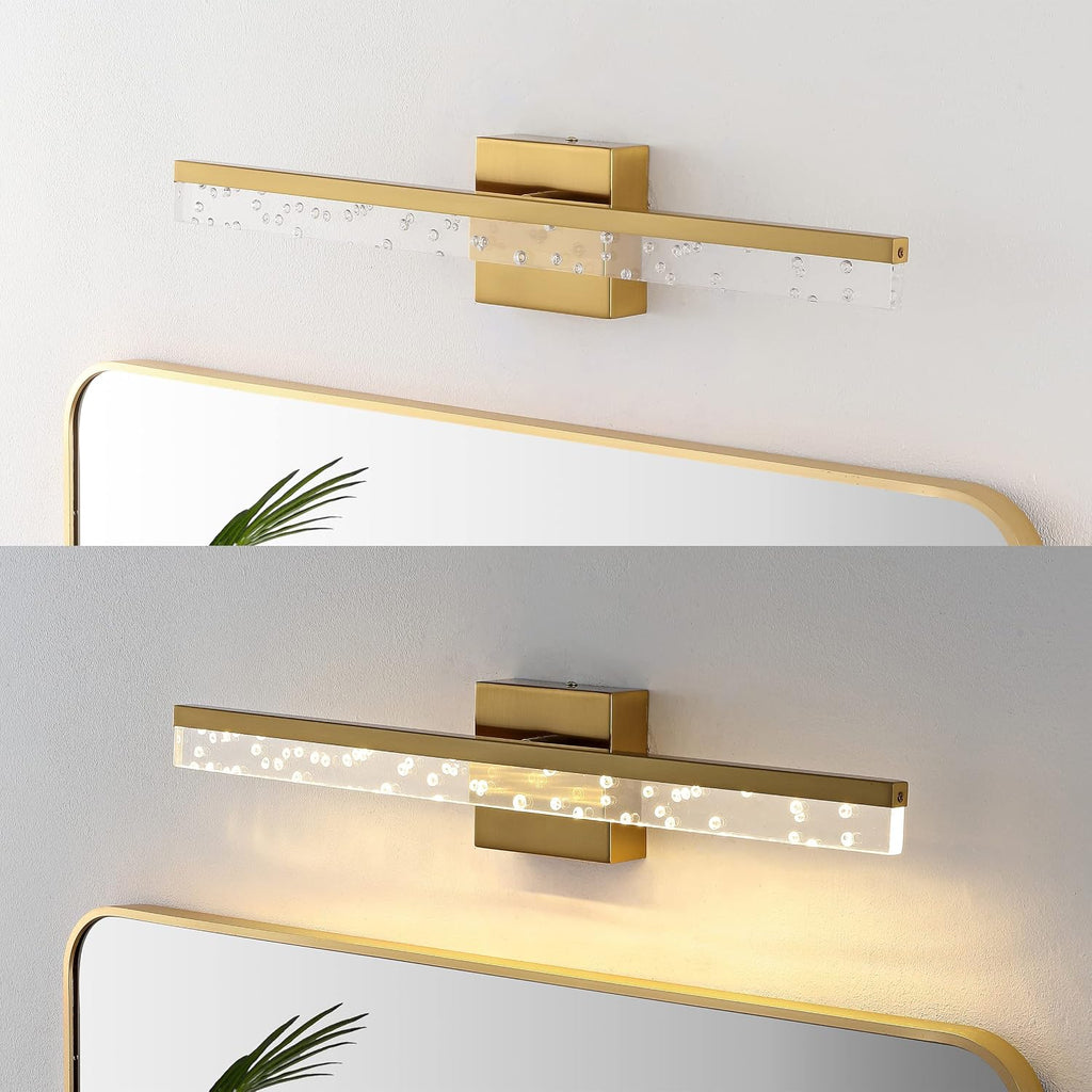 JONATHAN Y 22' Brass Gold/Clear Modern Integrated LED Vanity Light, Rotatable Wall Sconce for Bathroom Mirror, 3000K Dimmable Hardwired Fixture with Clear Seeded Acrylic Shade (JYL7128B)