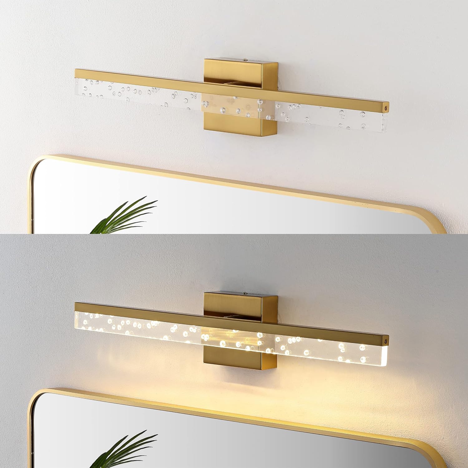 JONATHAN Y 22' Brass Gold/Clear Modern Integrated LED Vanity Light, Rotatable Wall Sconce for Bathroom Mirror, 3000K Dimmable Hardwired Fixture with Clear Seeded Acrylic Shade (JYL7128B)