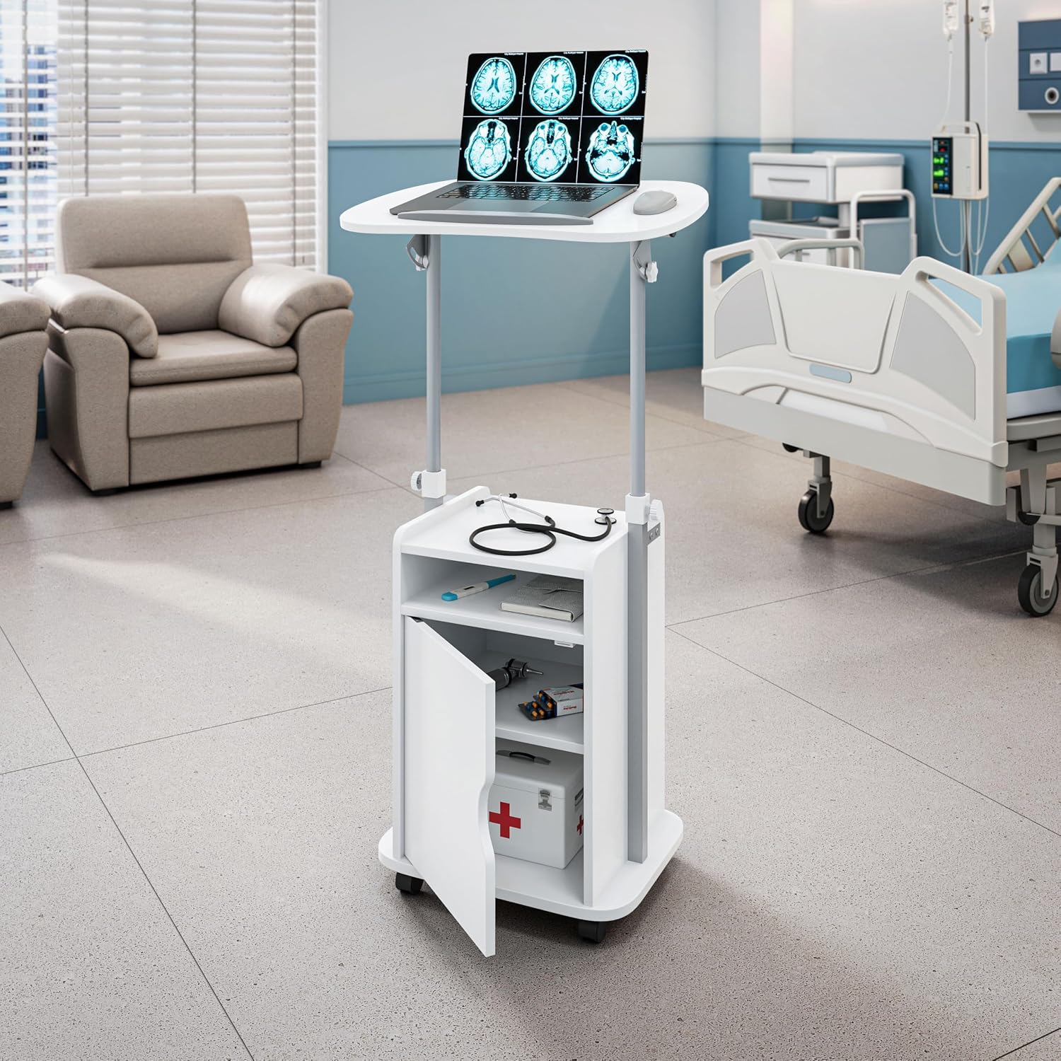 Techni Mobili Adjustable Laptop Cart with Storage, Rolling Mobile Workstation Desk with Cabinet, Shelf & Locking Wheels. Height Adjustable Sit to Stand for Home Office, Bedside, or Classroom (White)