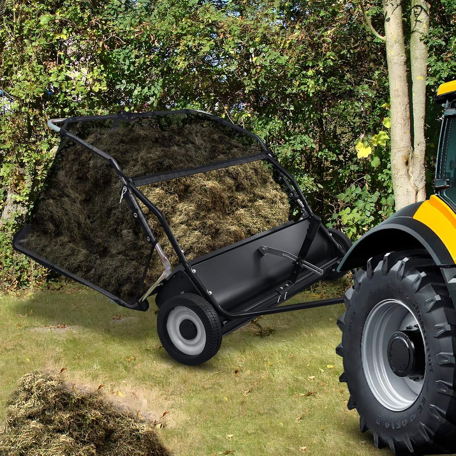 44 Inch Tow Behind Lawn Sweeper - Heavy Duty Adjustable Height Pull Behind Lawn Sweeper, 25Cu Ft Large Capacity Leaf & Grass Collector Hopper for Yard, Lawn, Farm Cleanup Tool