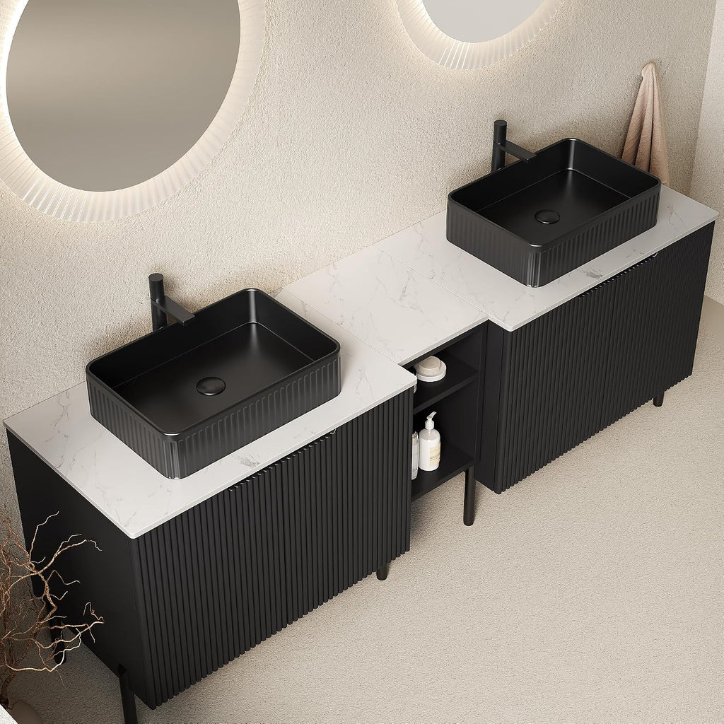 72' Bathroom Vanity with Sink, Modern Bathroom Vanities W/4 Soft-Closing Doors, Freestanding Bathroom Cabinet with Ceramic Basin and Carrara White Sintered Stone Counter Top-Colmar, Black