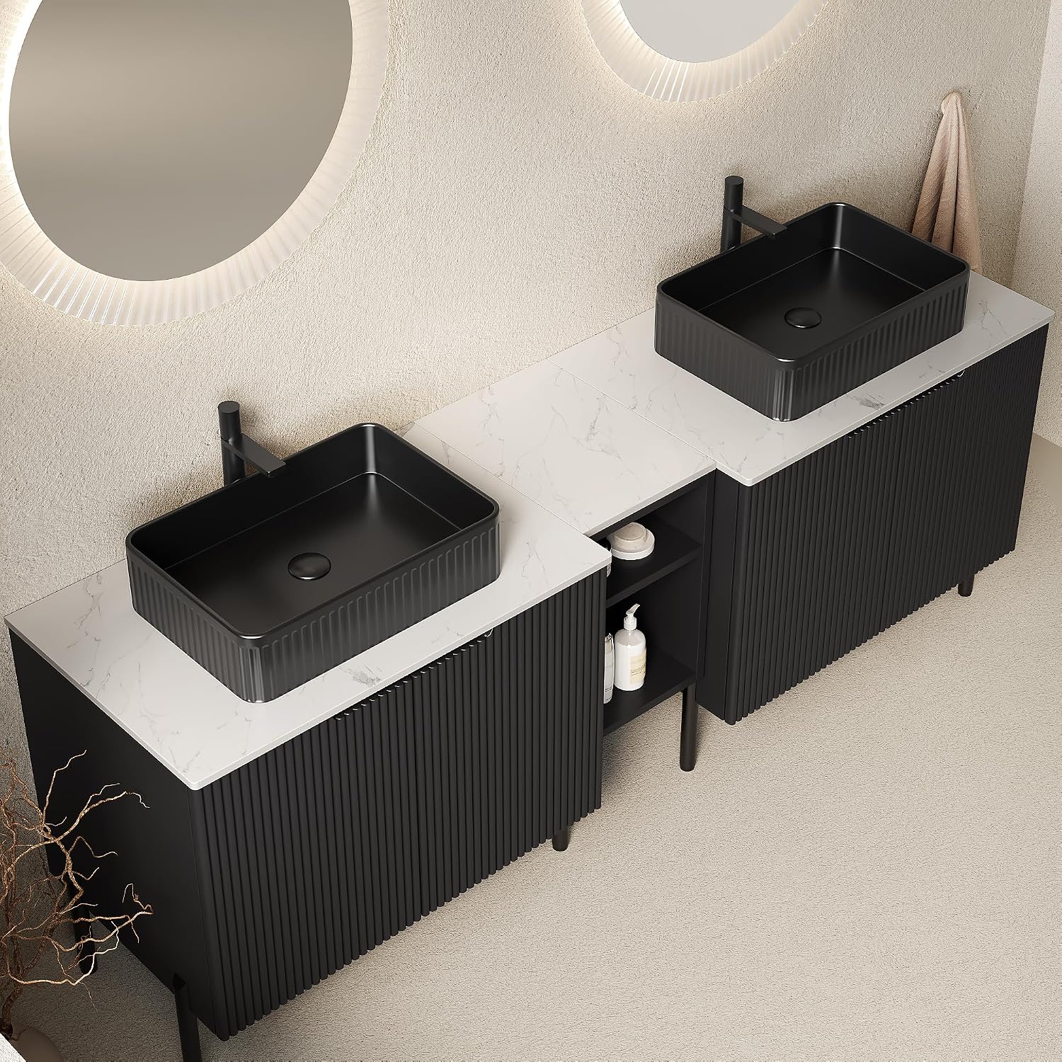 72' Bathroom Vanity with Sink, Modern Bathroom Vanities W/4 Soft-Closing Doors, Freestanding Bathroom Cabinet with Ceramic Basin and Carrara White Sintered Stone Counter Top-Colmar, Black