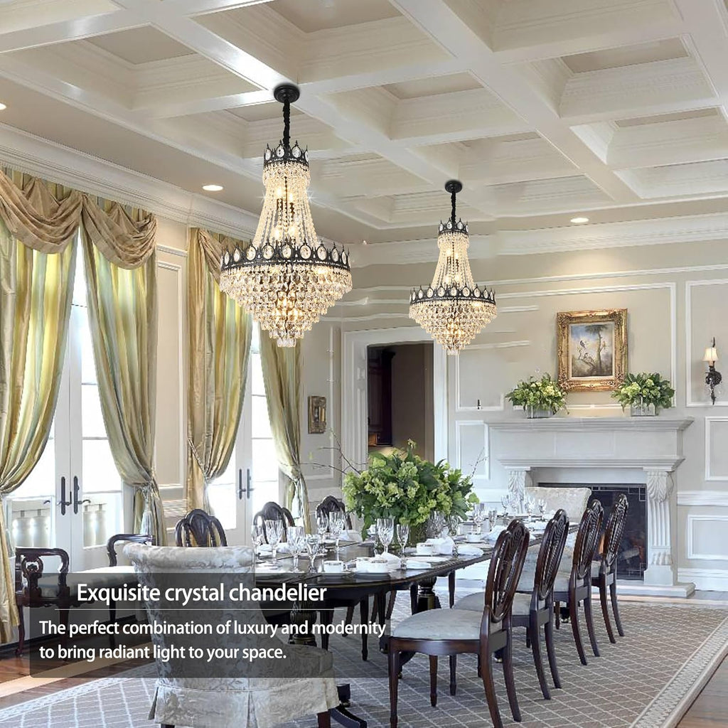 KoKo&Yukina Black 23.6' French Empire Crystal Chandelier - 14 Lights K9 Modern Farmhouse Adjustable Hanging Light for Living Room, Dining Room, Bedroom