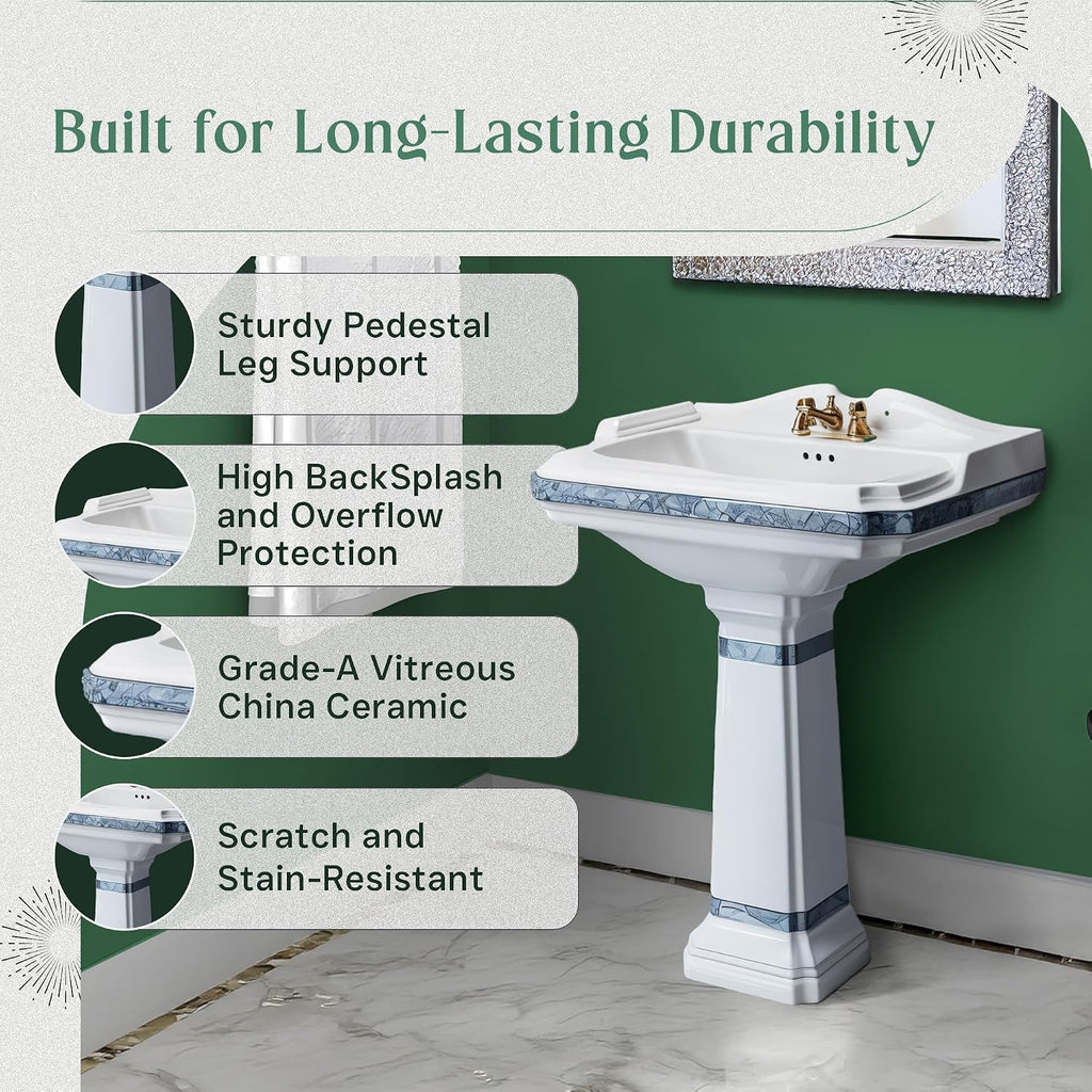 Renovators Supply Manufacturing India Reserve 23' W x 34.25' H x 18.5' Proj. Ornate Blue Gold Bathroom Pedestal Sink, Vitreous China, Compatible with 4 in. Centerset Faucets