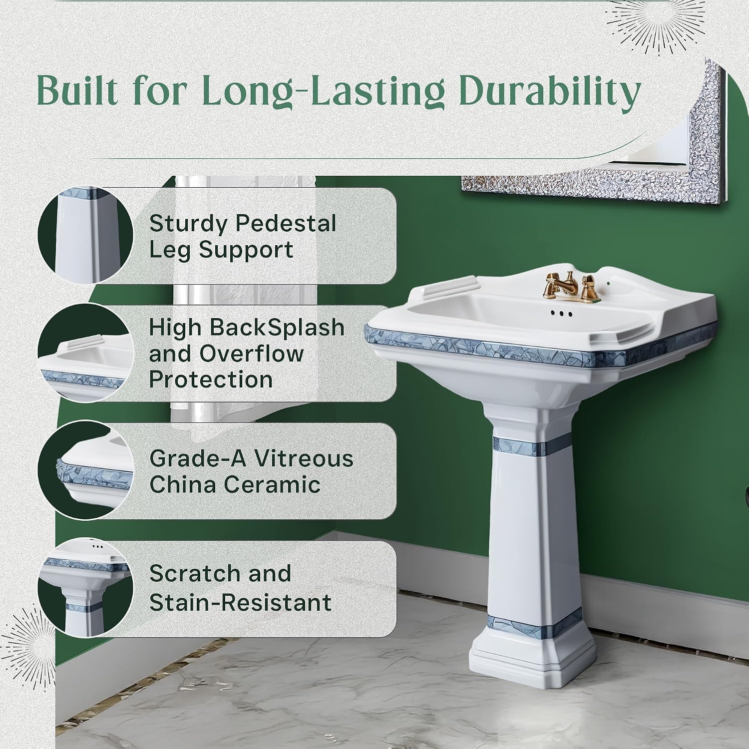 Renovators Supply Manufacturing India Reserve 23' W x 34.25' H x 18.5' Proj. Ornate Blue Gold Bathroom Pedestal Sink, Vitreous China, Compatible with 4 in. Centerset Faucets