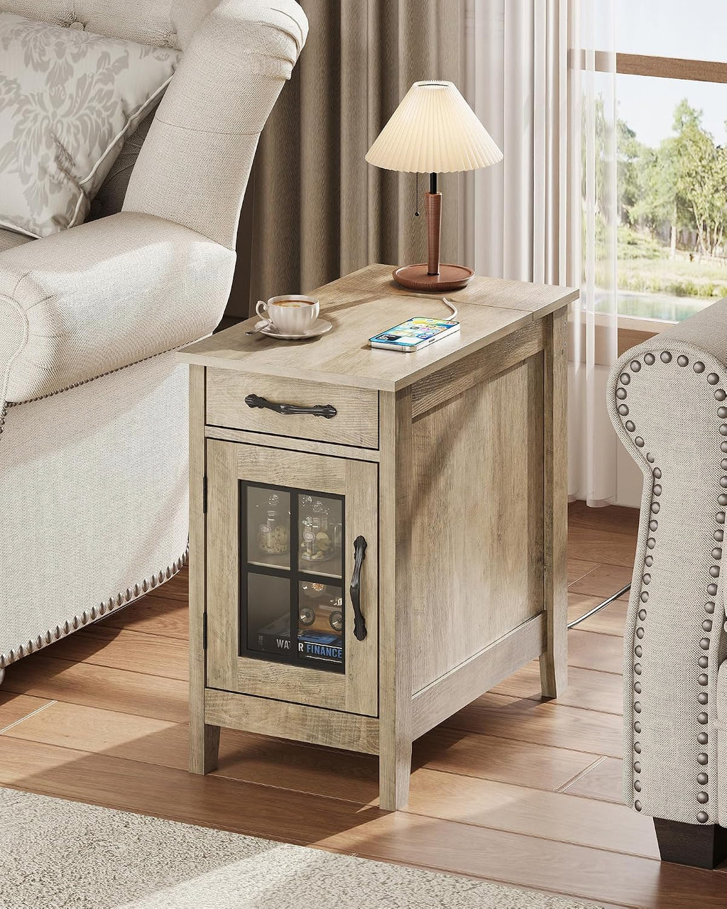 WLIVE End Table with Charging Station, Narrow Side Table for Living Room, Farmhouse Night Stand with Storage, Small Wooden Cabinet Nightstand with USB Ports and Outlets
