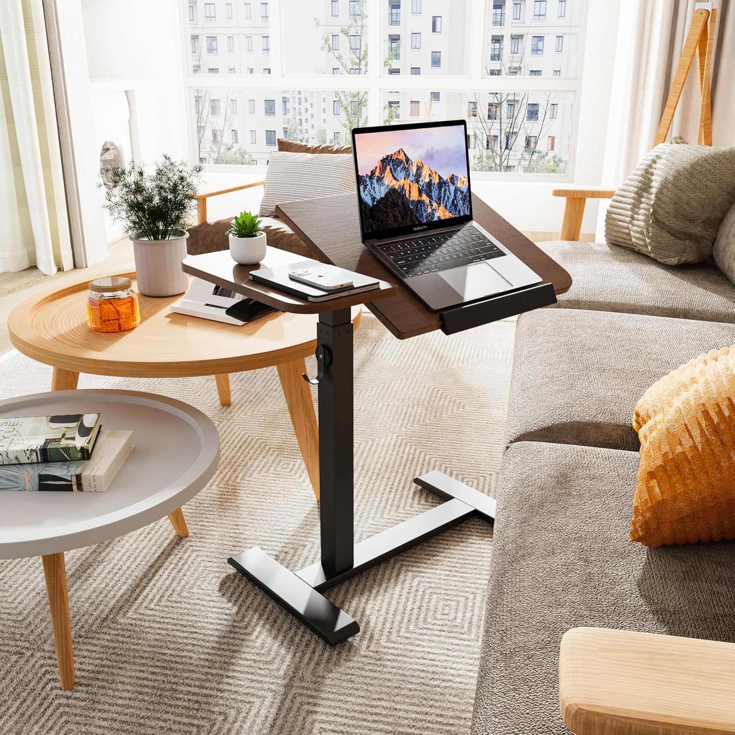 ETHU Overbed Table with Tilting Top, Medical Table with Wheel Height Adjustable - Laptop Bedside Table with Locking Wheels for Hospital, Home, and Office (Walnut)
