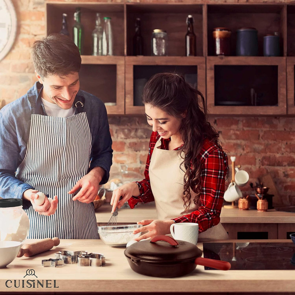 Cuisinel 12' + 10' + 8'-Inch Cast Iron Skillets Set with Braiser Lids + Silicone Handle Grips + Pan Scraper - Indoor/Outdoor Pre-Seasoned Kitchen Cookware - Oven, Fire, Stove Safe